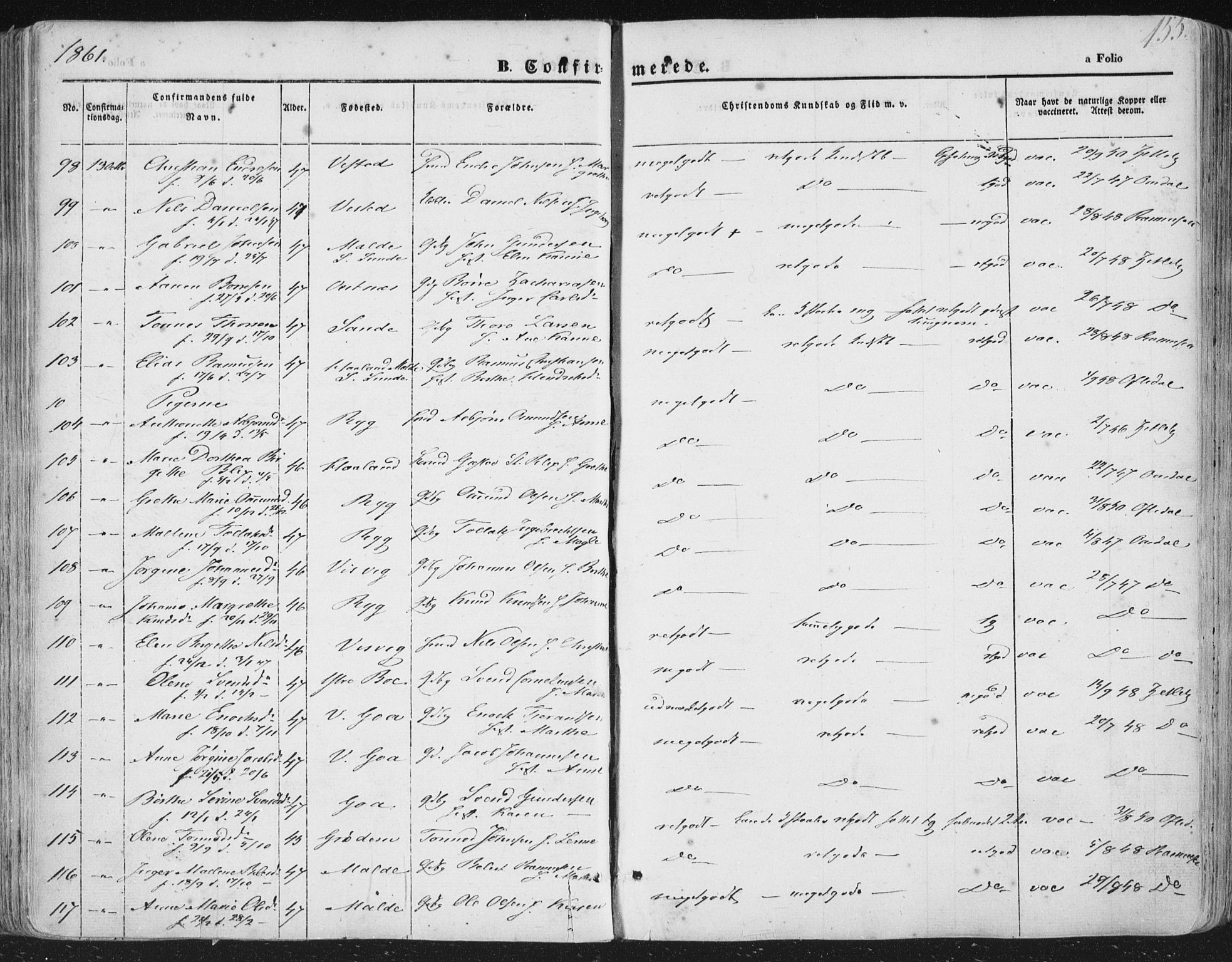 Hetland sokneprestkontor, AV/SAST-A-101826/30/30BA/L0002: Parish register (official) no. A 2, 1849-1869, p. 155