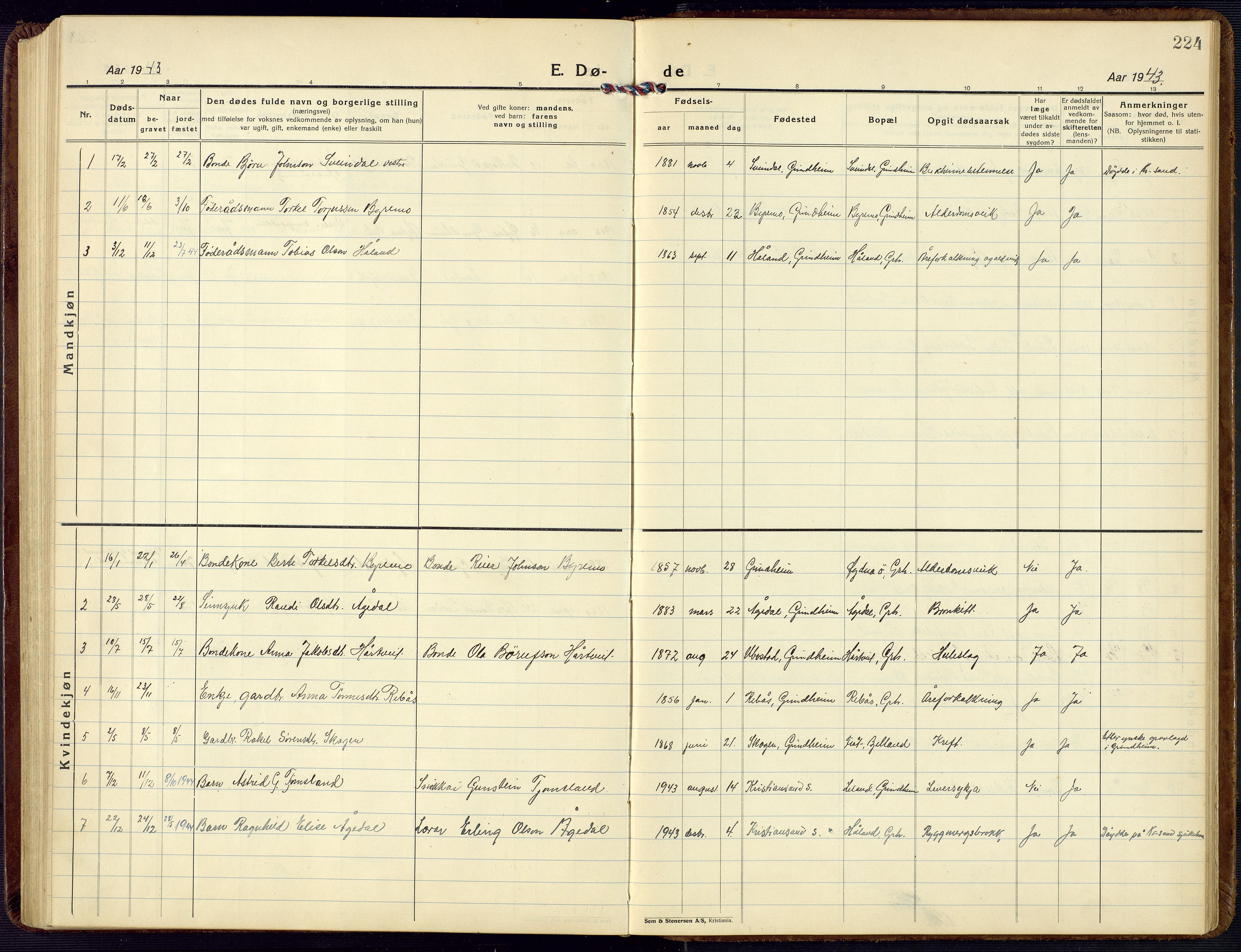 Bjelland sokneprestkontor, AV/SAK-1111-0005/F/Fb/Fbc/L0004: Parish register (copy) no. B 4, 1921-1978, p. 224