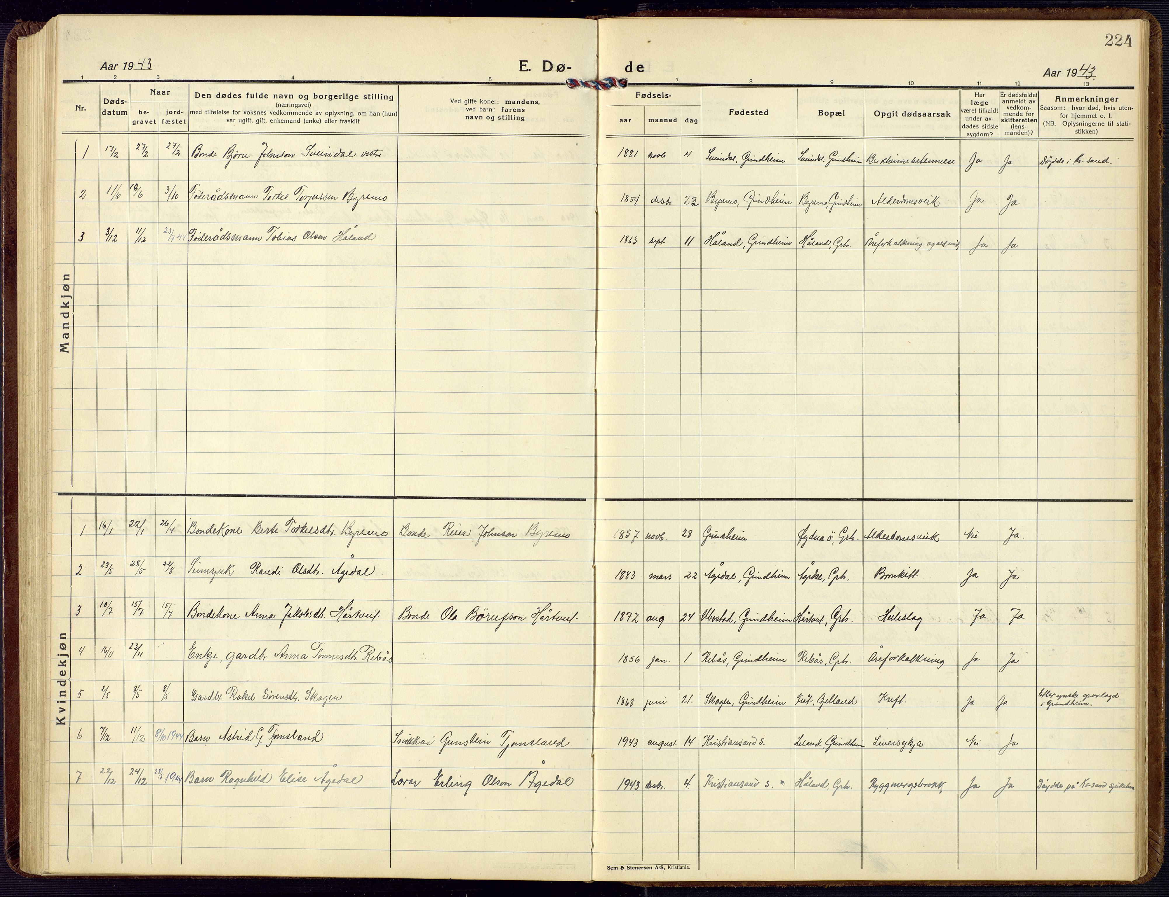 Bjelland sokneprestkontor, SAK/1111-0005/F/Fb/Fbc/L0004: Parish register (copy) no. B 4, 1921-1978, p. 224