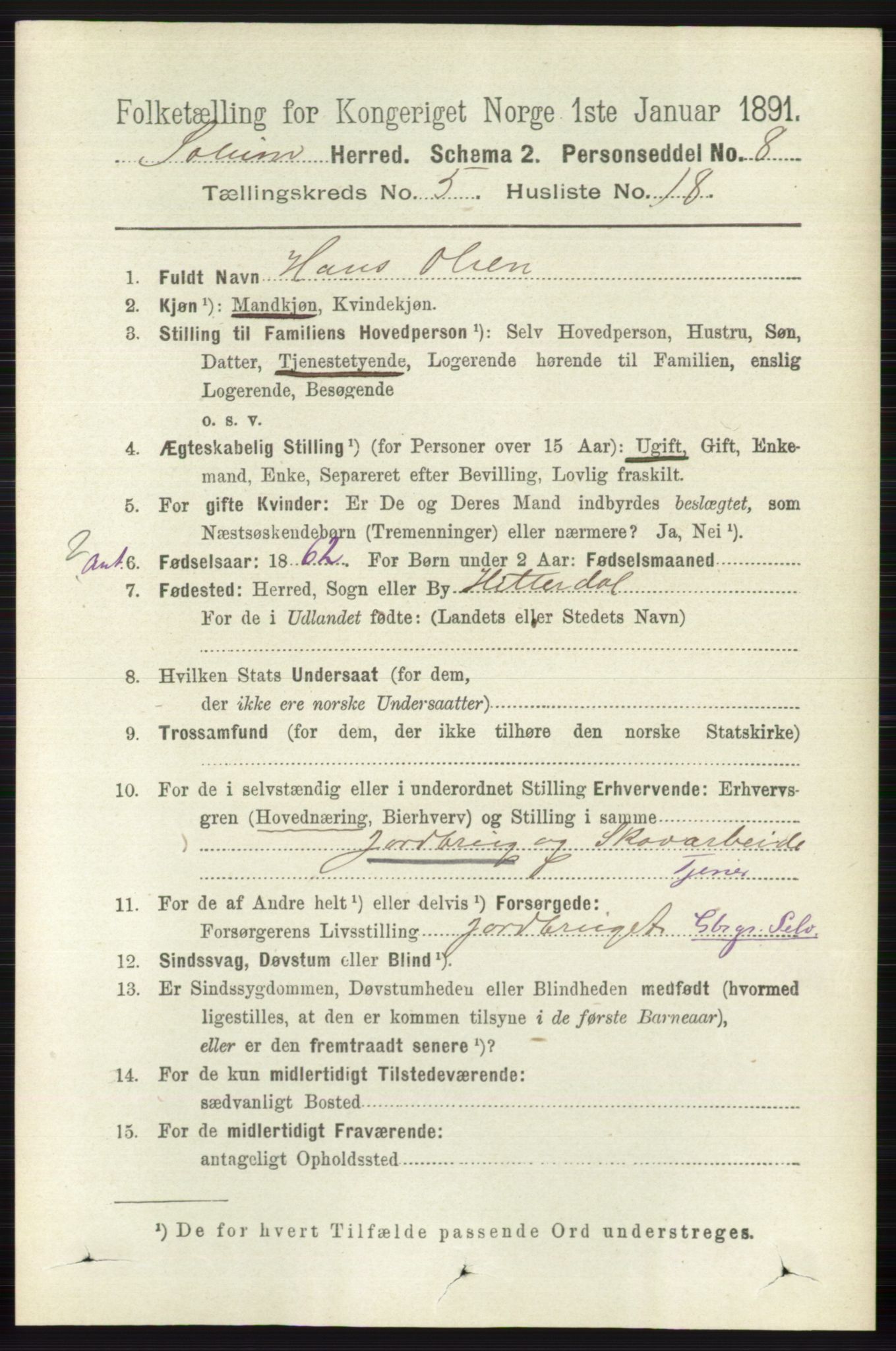 RA, 1891 census for 0818 Solum, 1891, p. 948