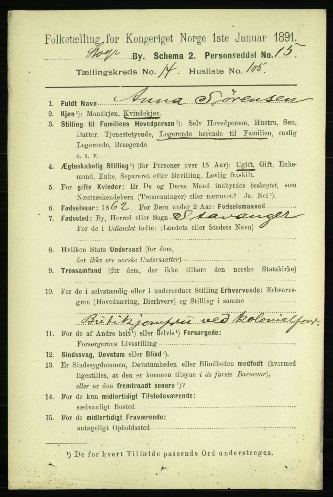 RA, 1891 census for 1103 Stavanger, 1891, p. 17852