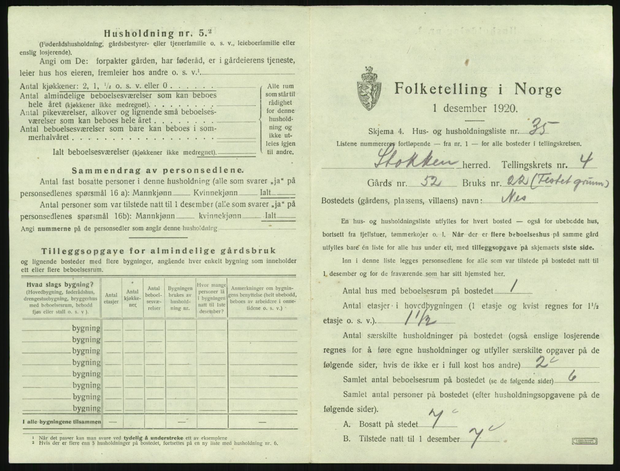 SAK, 1920 census for Stokken, 1920, p. 446