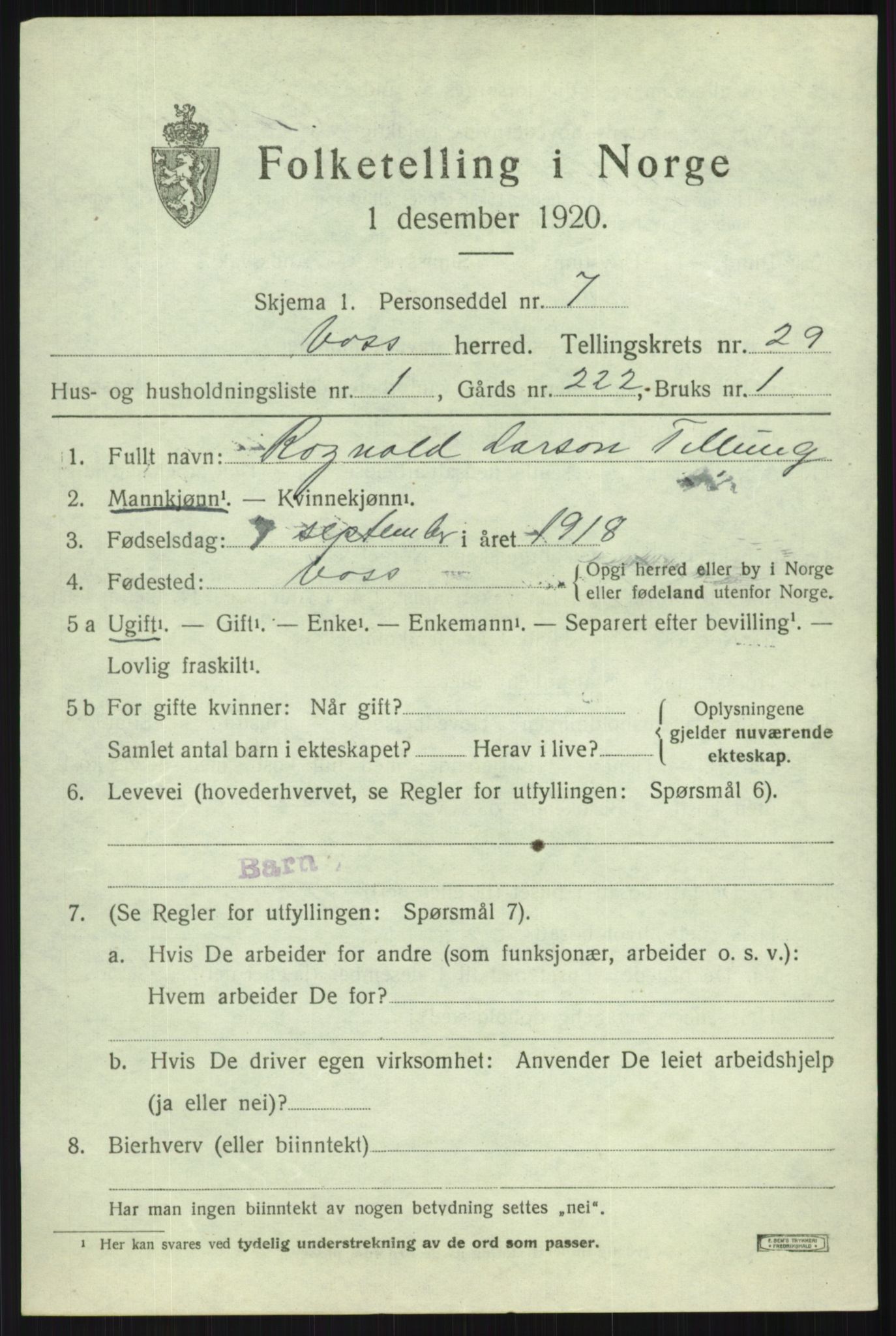 SAB, 1920 census for Voss, 1920, p. 19271