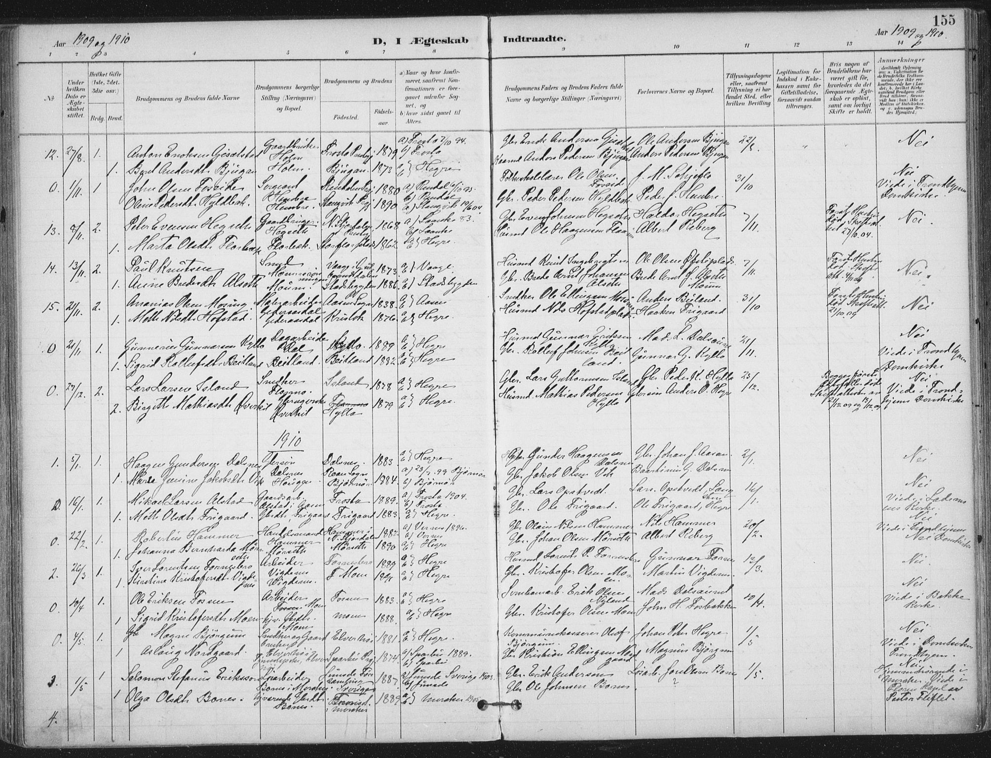 Ministerialprotokoller, klokkerbøker og fødselsregistre - Nord-Trøndelag, SAT/A-1458/703/L0031: Parish register (official) no. 703A04, 1893-1914, p. 155