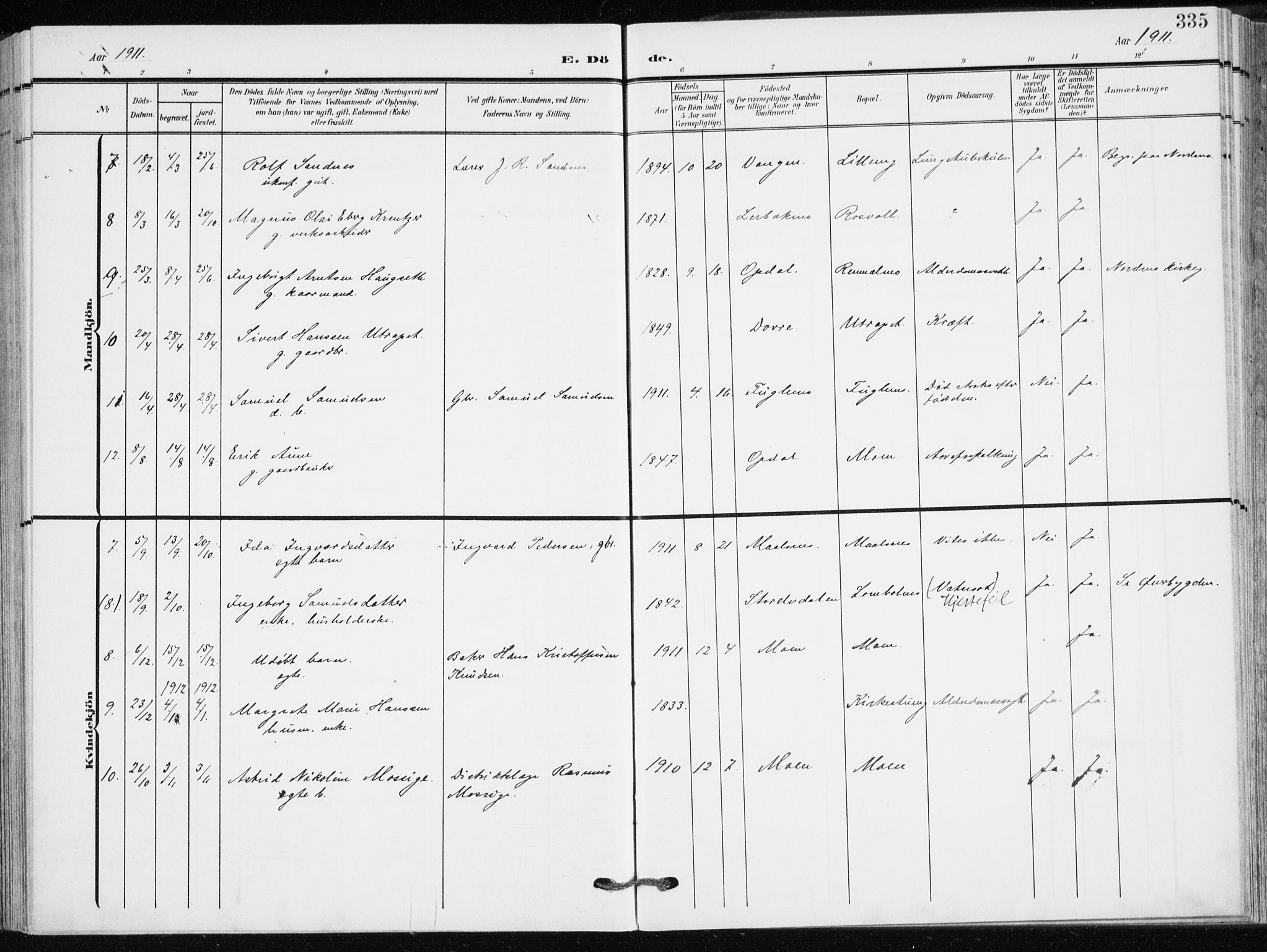 Målselv sokneprestembete, AV/SATØ-S-1311/G/Ga/Gaa/L0011kirke: Parish register (official) no. 11, 1904-1918, p. 335