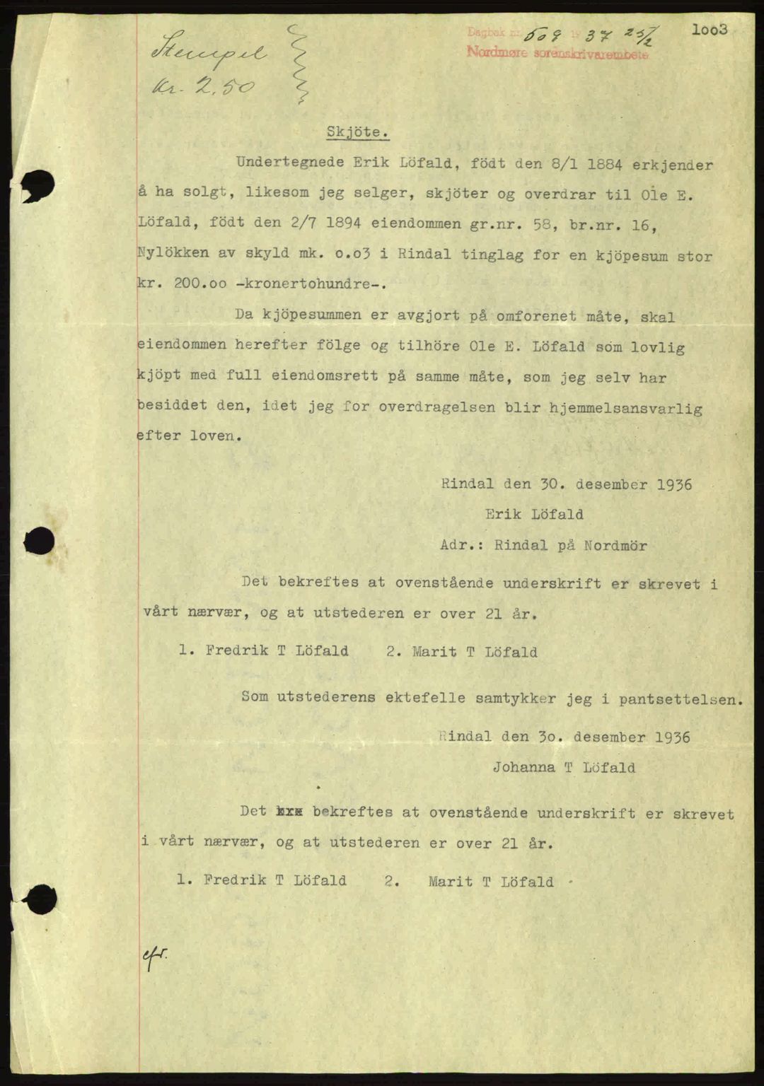 Nordmøre sorenskriveri, AV/SAT-A-4132/1/2/2Ca: Mortgage book no. A80, 1936-1937, Diary no: : 509/1937