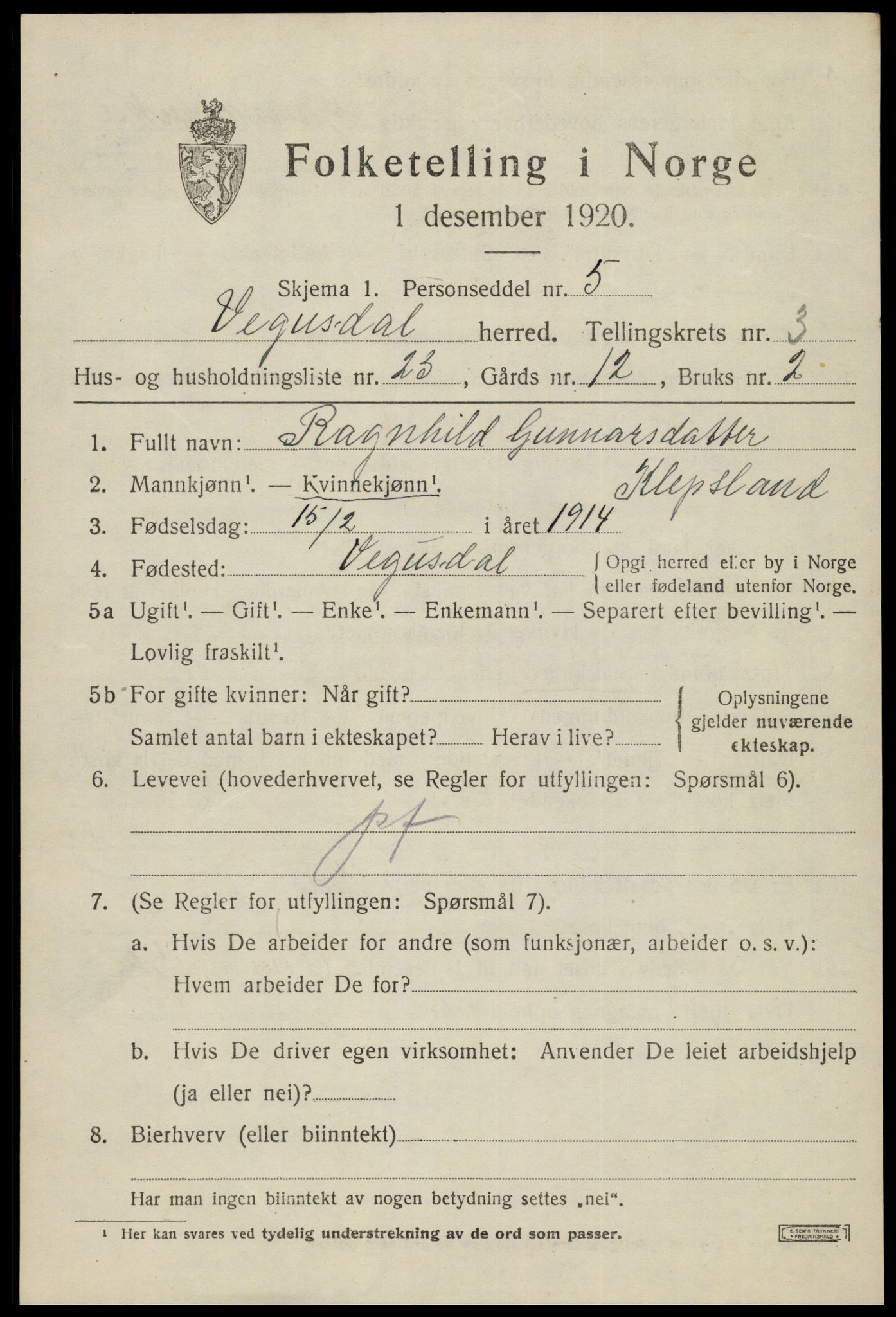 SAK, 1920 census for Vegusdal, 1920, p. 1053