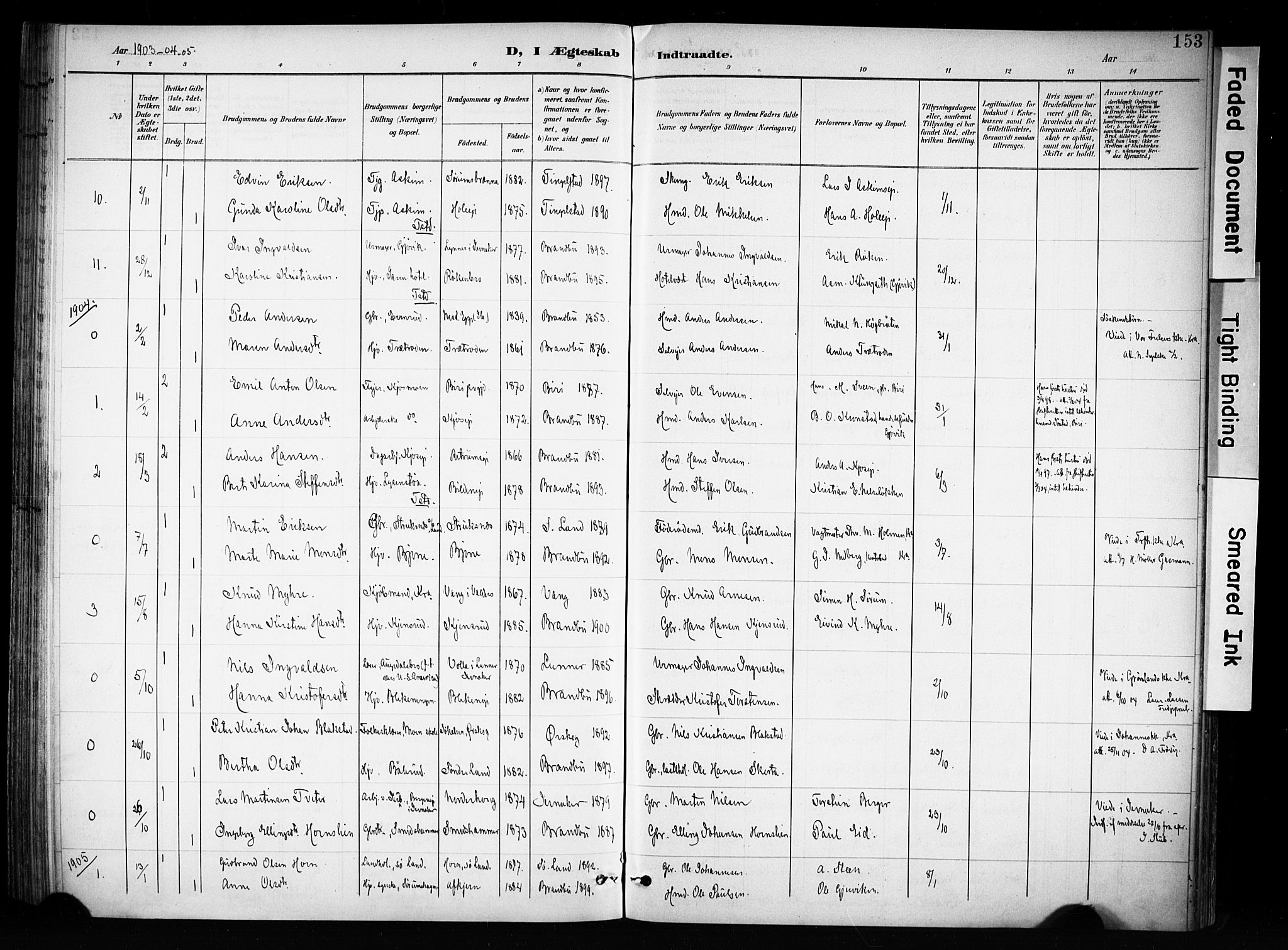 Brandbu prestekontor, AV/SAH-PREST-114/H/Ha/Haa/L0001: Parish register (official) no. 1, 1900-1912, p. 153