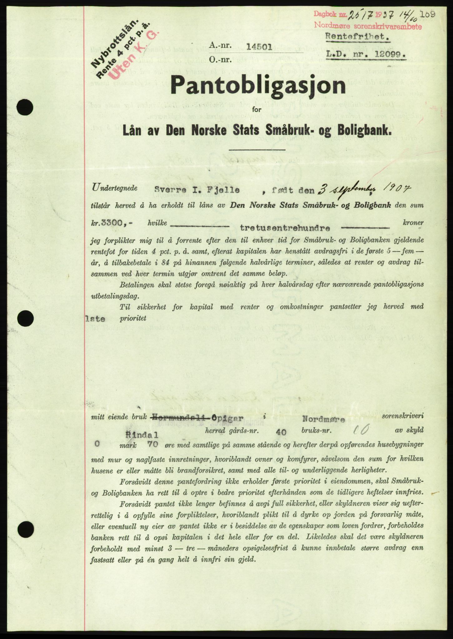 Nordmøre sorenskriveri, AV/SAT-A-4132/1/2/2Ca/L0092: Mortgage book no. B82, 1937-1938, Diary no: : 2517/1937