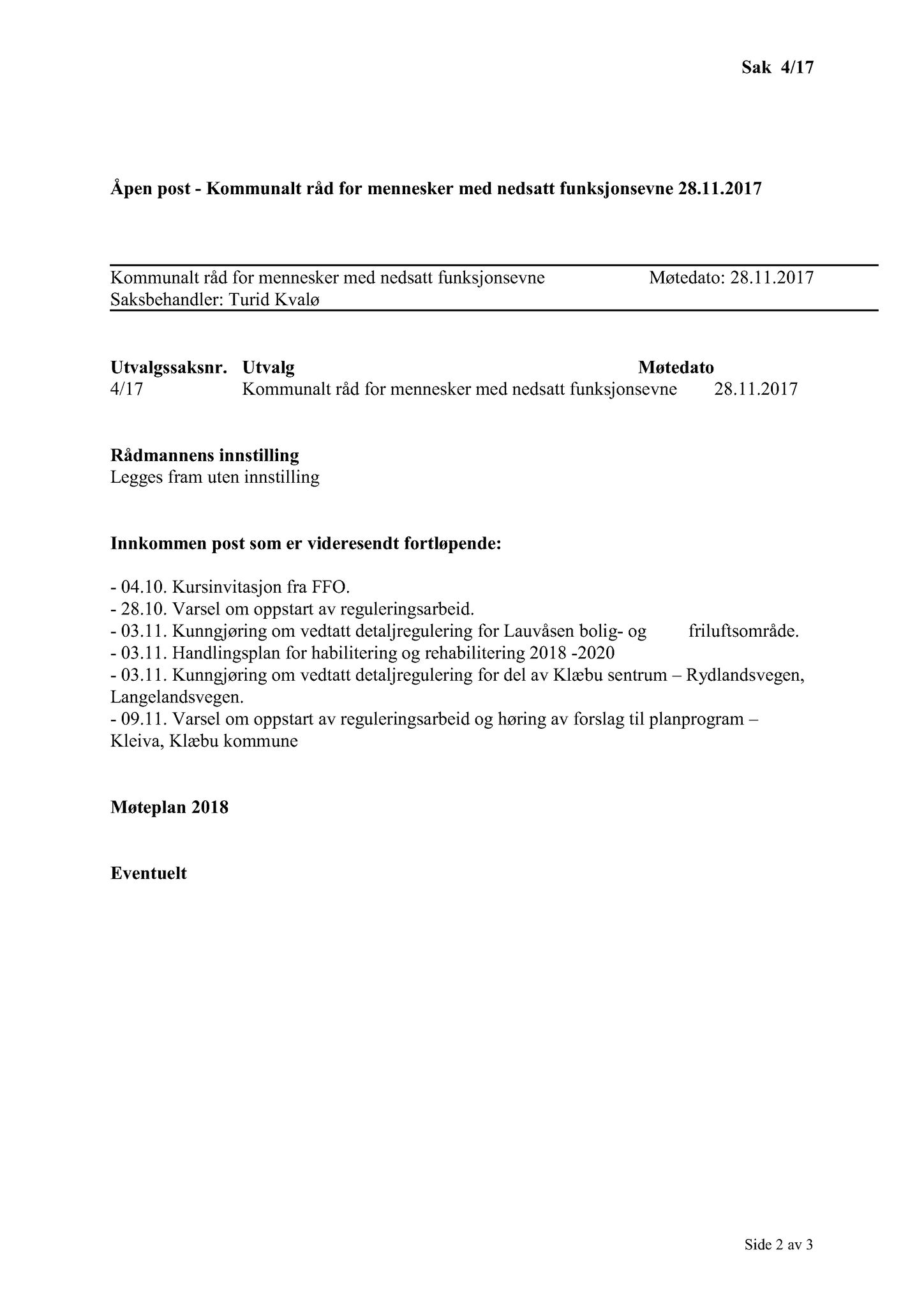 Klæbu Kommune, TRKO/KK/08-KMNF/L007: Kommunalt råd for mennesker med nedsatt funksjonsevne - Møteoversikt, 2017, p. 22