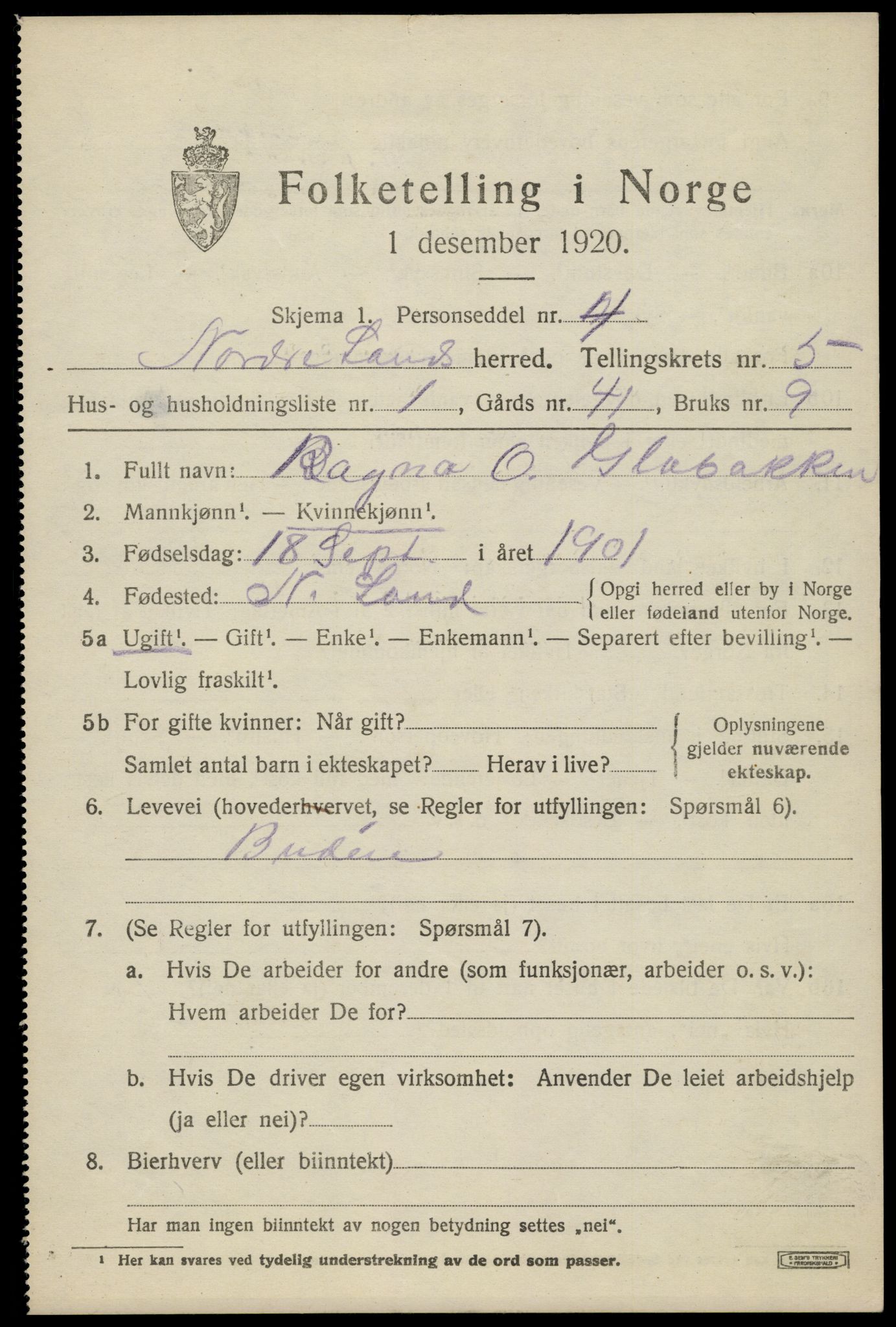 SAH, 1920 census for Nordre Land, 1920, p. 3704