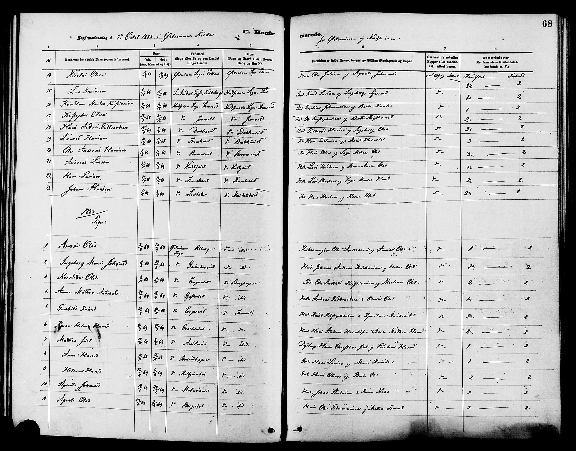 Nordre Land prestekontor, AV/SAH-PREST-124/H/Ha/Haa/L0003: Parish register (official) no. 3, 1882-1896, p. 68