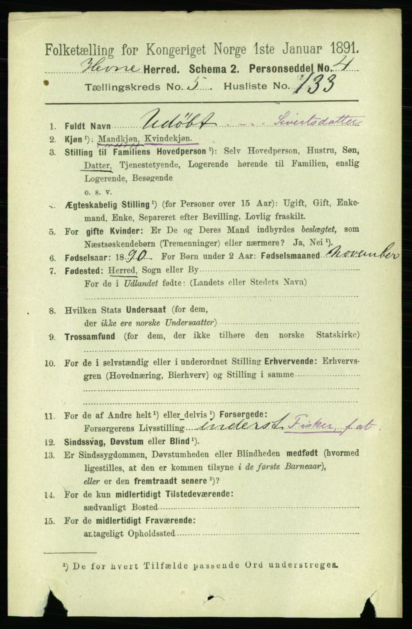 RA, 1891 census for 1612 Hemne, 1891, p. 3311