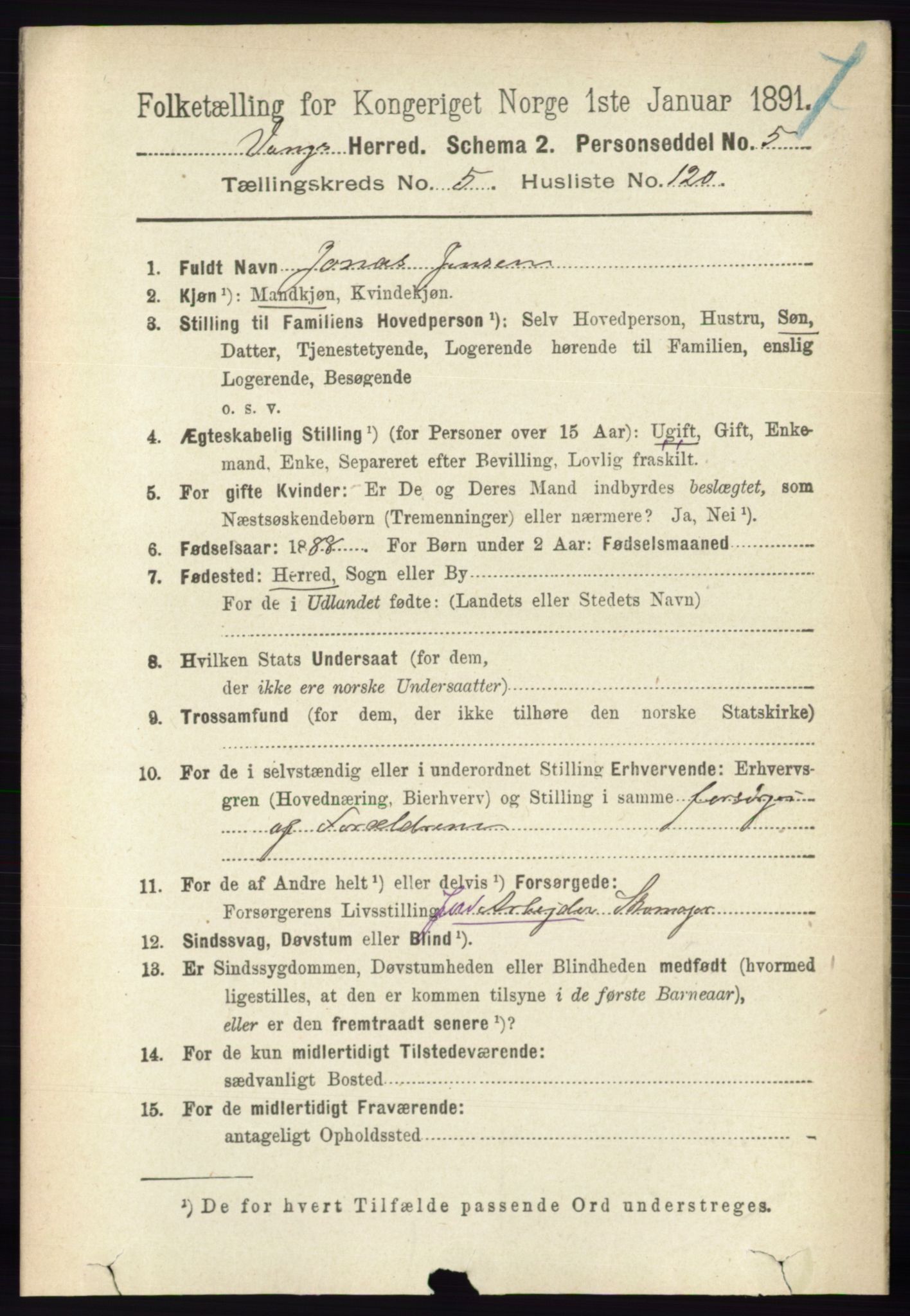 RA, 1891 census for 0414 Vang, 1891, p. 4155