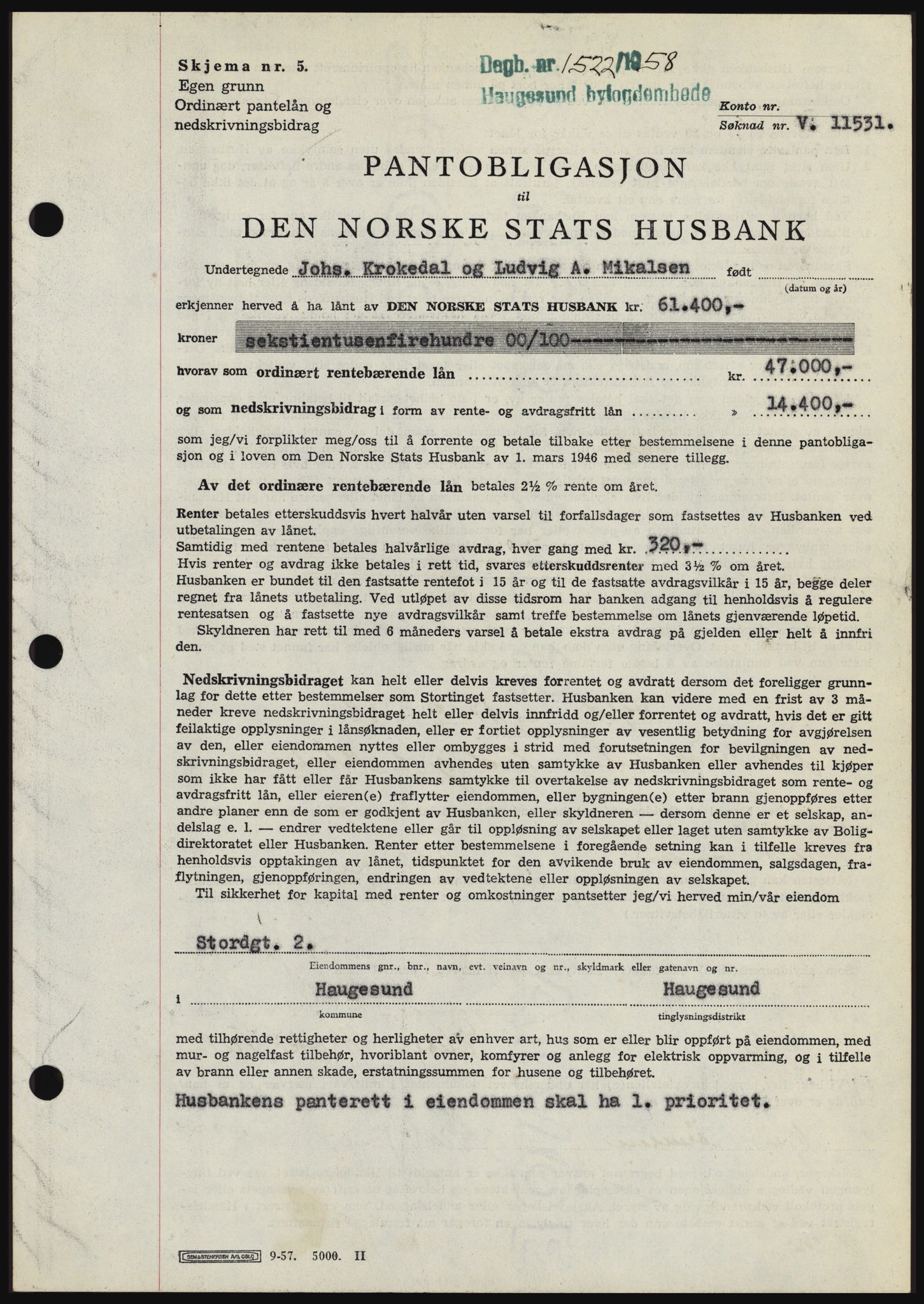 Haugesund tingrett, SAST/A-101415/01/II/IIC/L0044: Mortgage book no. B 44, 1958-1959, Diary no: : 1522/1958