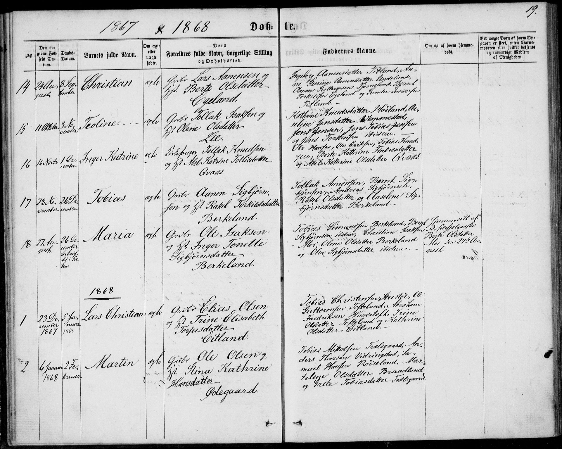 Lyngdal sokneprestkontor, SAK/1111-0029/F/Fa/Fab/L0002: Parish register (official) no. A 2, 1861-1878, p. 19