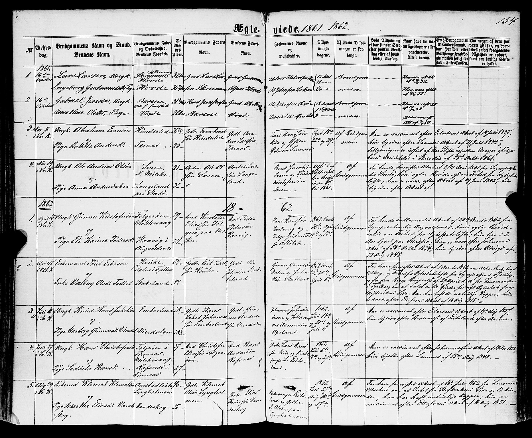 Sveio Sokneprestembete, SAB/A-78501/H/Haa: Parish register (official) no. A 1, 1861-1877, p. 154