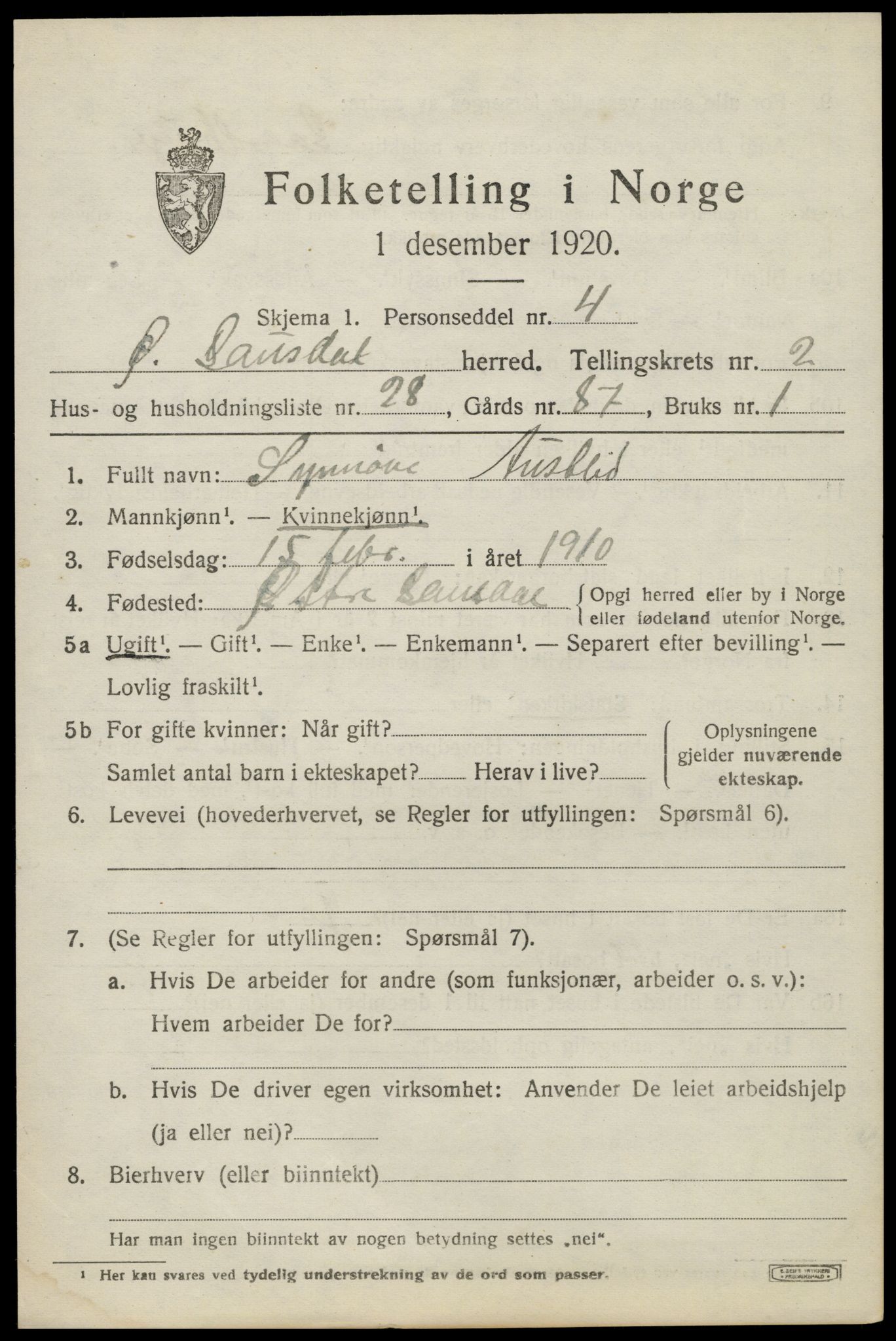 SAH, 1920 census for Østre Gausdal, 1920, p. 1670