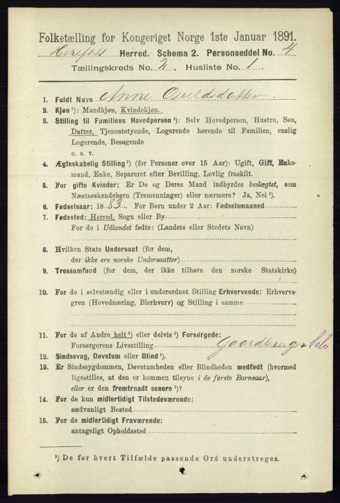 RA, 1891 census for 0933 Herefoss, 1891, p. 283