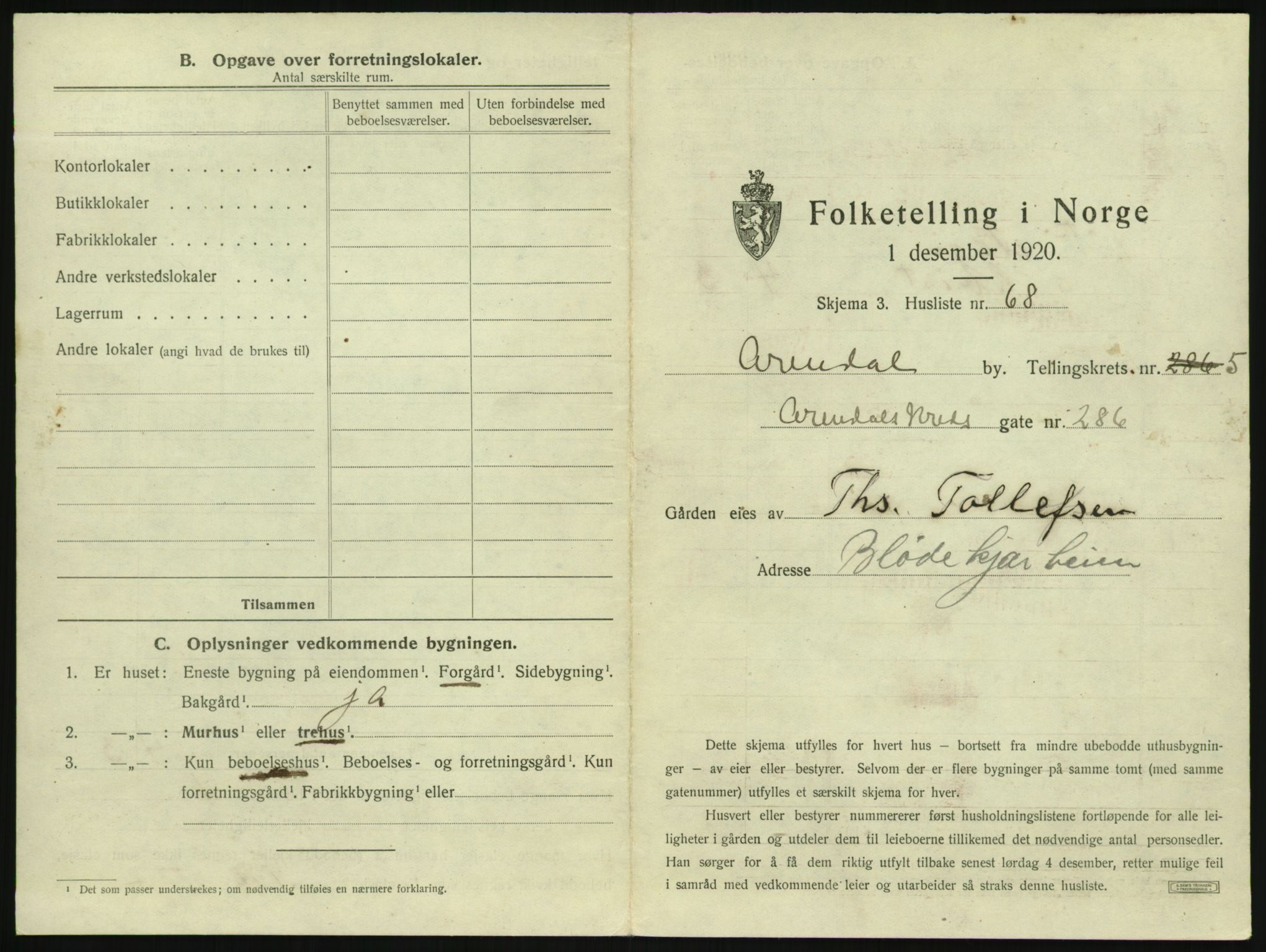 SAK, 1920 census for Arendal, 1920, p. 708