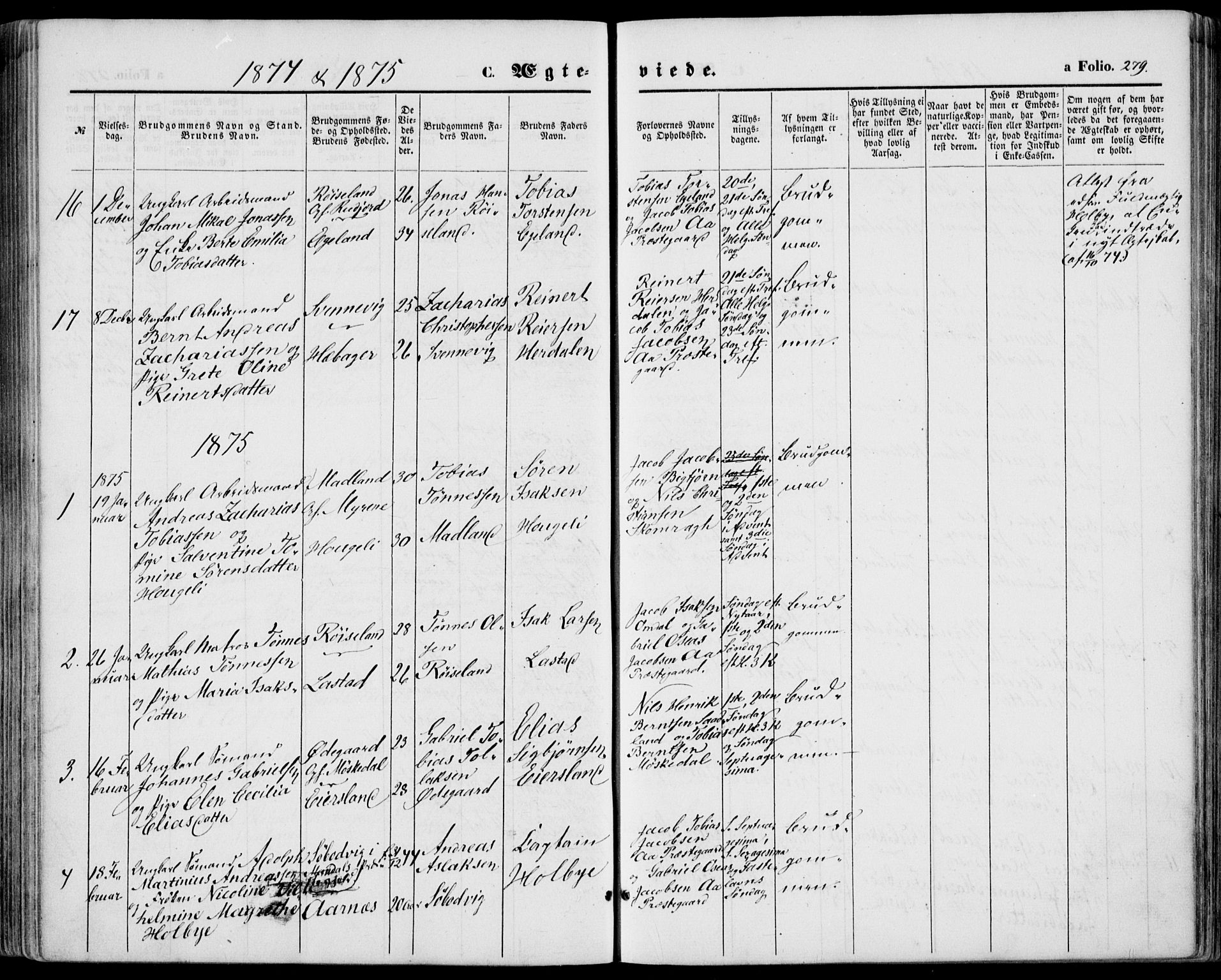 Lyngdal sokneprestkontor, SAK/1111-0029/F/Fa/Fac/L0010: Parish register (official) no. A 10, 1865-1878, p. 279