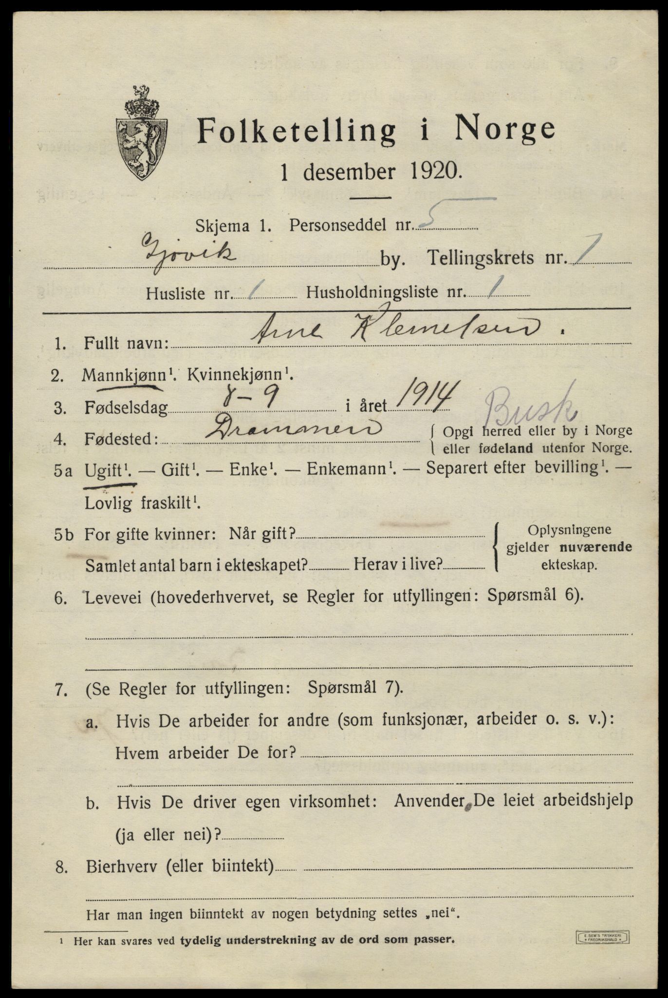 SAH, 1920 census for Gjøvik, 1920, p. 2402