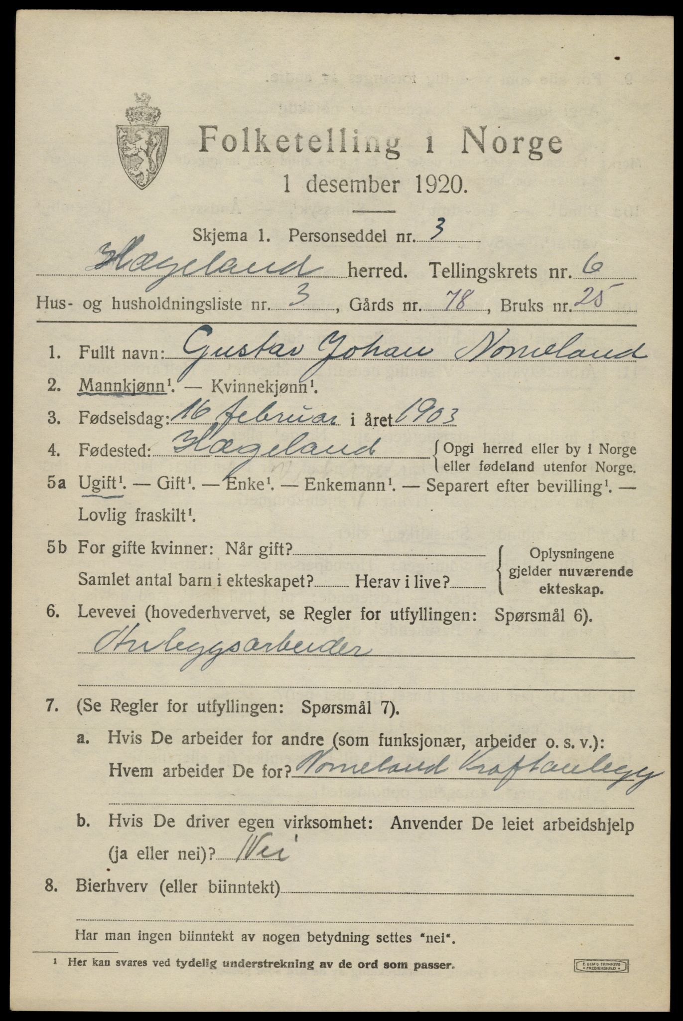 SAK, 1920 census for Hægeland, 1920, p. 2329