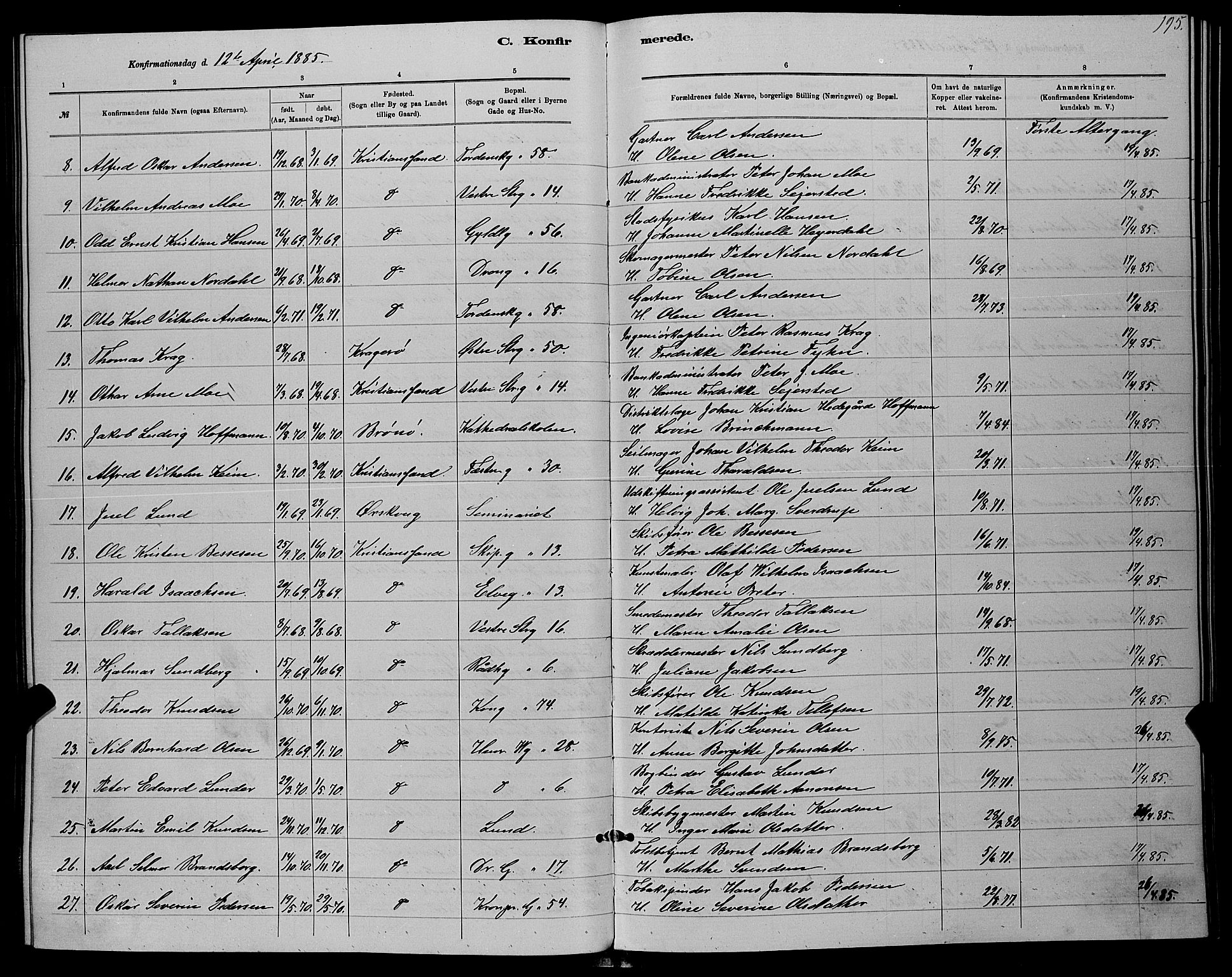 Kristiansand domprosti, SAK/1112-0006/F/Fb/L0016: Parish register (copy) no. B 16, 1881-1893, p. 195