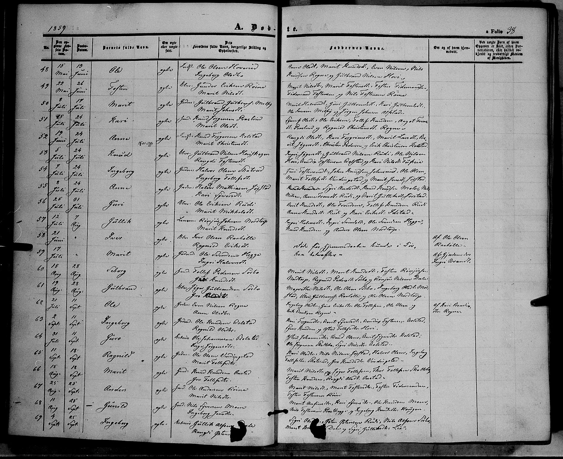 Øystre Slidre prestekontor, AV/SAH-PREST-138/H/Ha/Haa/L0001: Parish register (official) no. 1, 1849-1874, p. 38