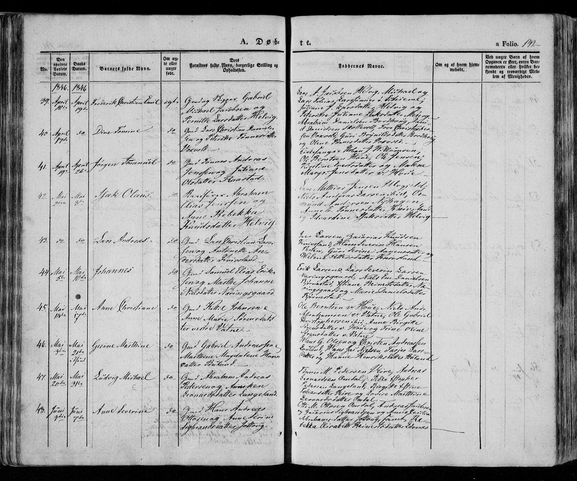 Lista sokneprestkontor, AV/SAK-1111-0027/F/Fa/L0009: Parish register (official) no. A 9, 1835-1846, p. 142