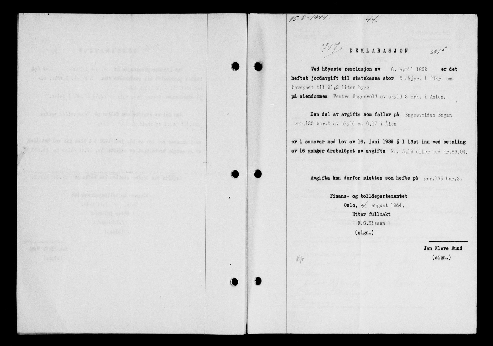 Gauldal sorenskriveri, SAT/A-0014/1/2/2C/L0058: Mortgage book no. 63, 1944-1945, Diary no: : 747/1944