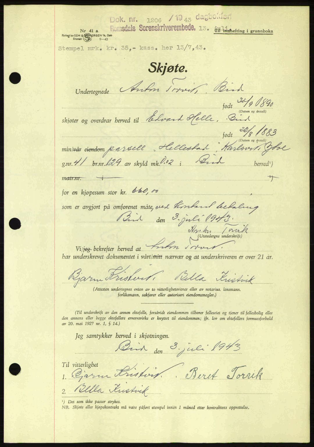 Romsdal sorenskriveri, AV/SAT-A-4149/1/2/2C: Mortgage book no. A14, 1943-1943, Diary no: : 1206/1943