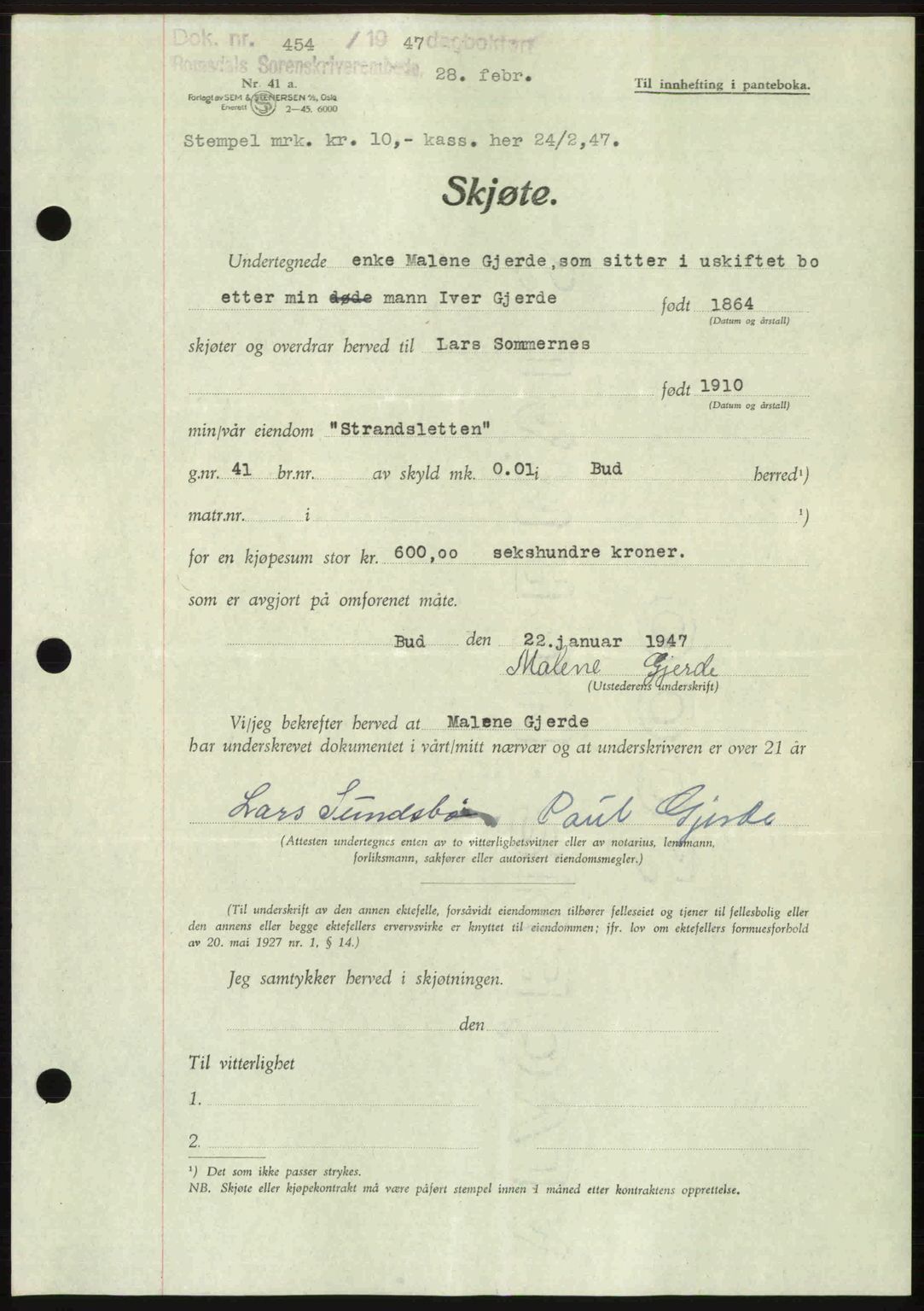 Romsdal sorenskriveri, AV/SAT-A-4149/1/2/2C: Mortgage book no. A22, 1947-1947, Diary no: : 454/1947