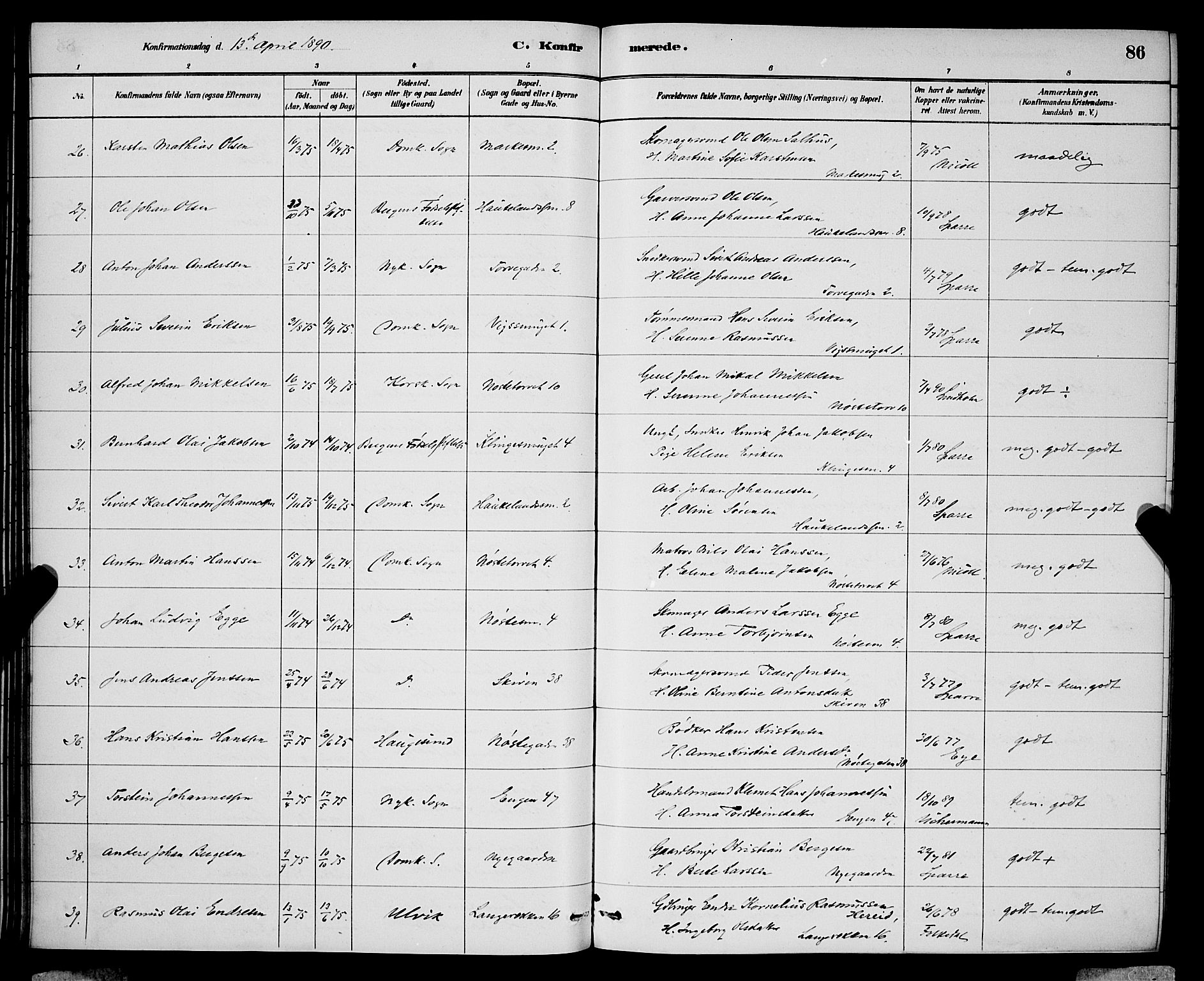 Domkirken sokneprestembete, SAB/A-74801/H/Hab/L0024: Parish register (copy) no. C 4, 1880-1899, p. 86