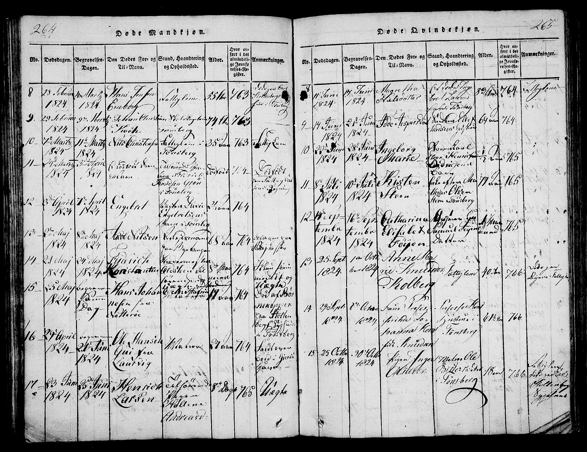 Tønsberg kirkebøker, AV/SAKO-A-330/F/Fa/L0004: Parish register (official) no. I 4, 1813-1826, p. 264-265