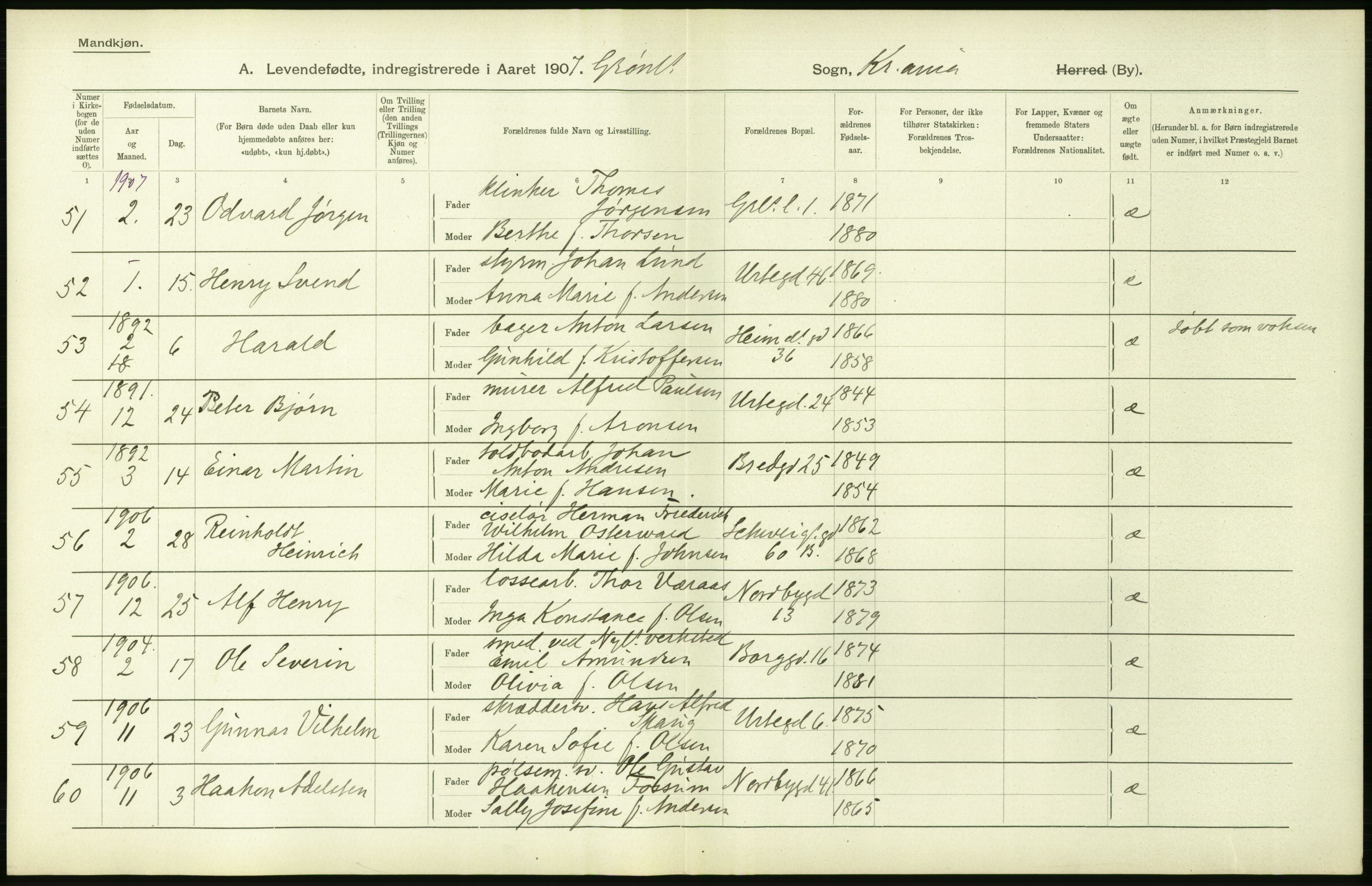 Statistisk sentralbyrå, Sosiodemografiske emner, Befolkning, AV/RA-S-2228/D/Df/Dfa/Dfae/L0007: Kristiania: Levendefødte menn og kvinner., 1907, p. 312