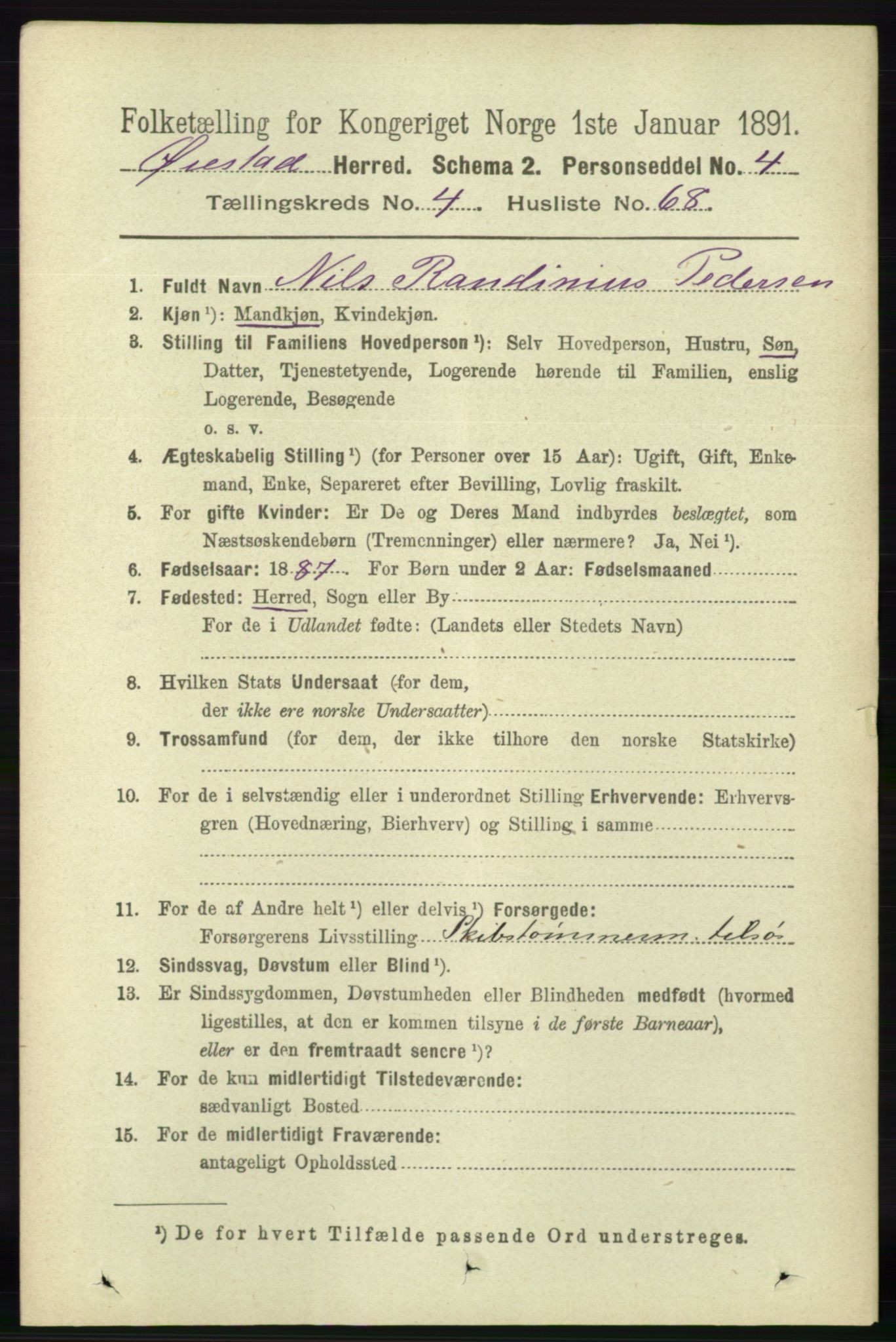 RA, 1891 census for 0920 Øyestad, 1891, p. 1749