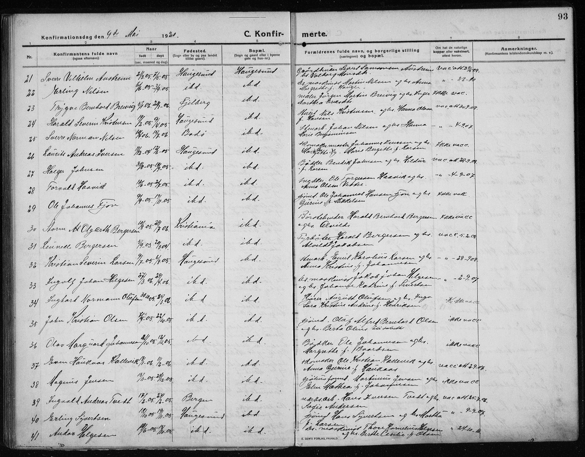 Haugesund sokneprestkontor, AV/SAST-A -101863/H/Ha/Haa/L0009: Parish register (official) no. A 9, 1914-1929, p. 93