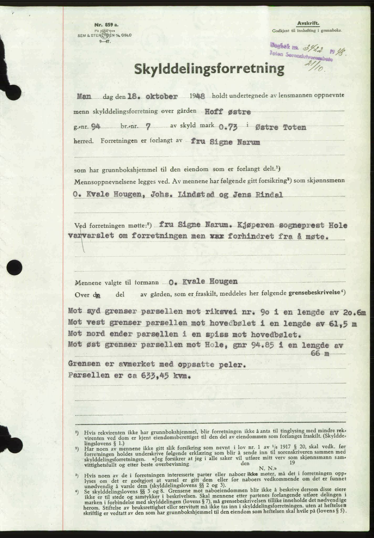 Toten tingrett, SAH/TING-006/H/Hb/Hbc/L0020: Mortgage book no. Hbc-20, 1948-1948, Diary no: : 3422/1948