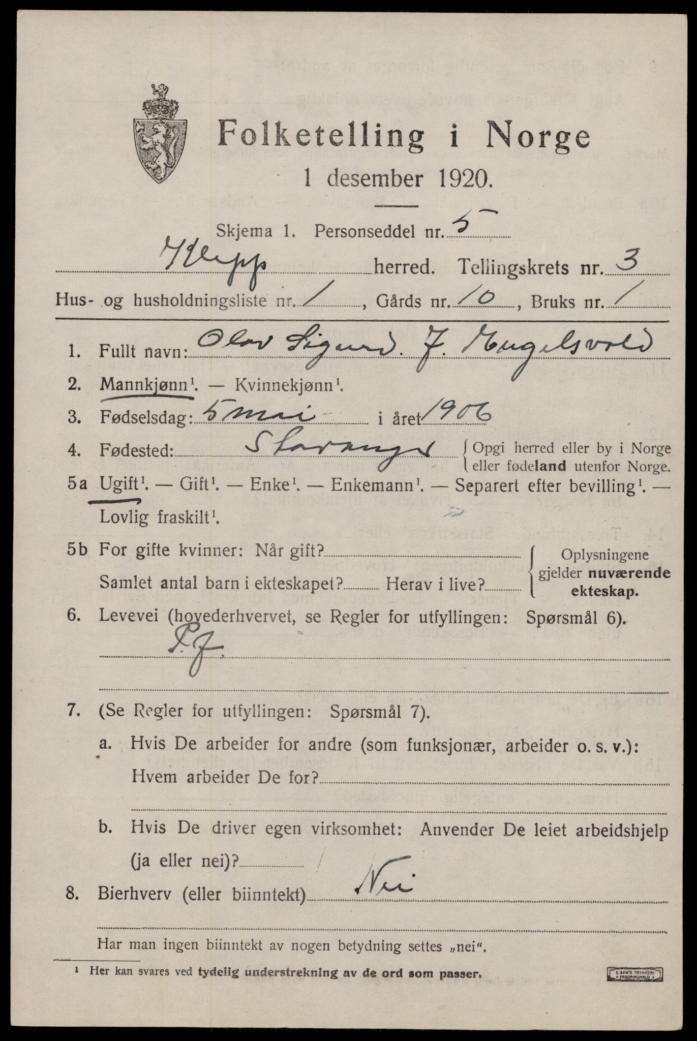 SAST, 1920 census for Klepp, 1920, p. 3192