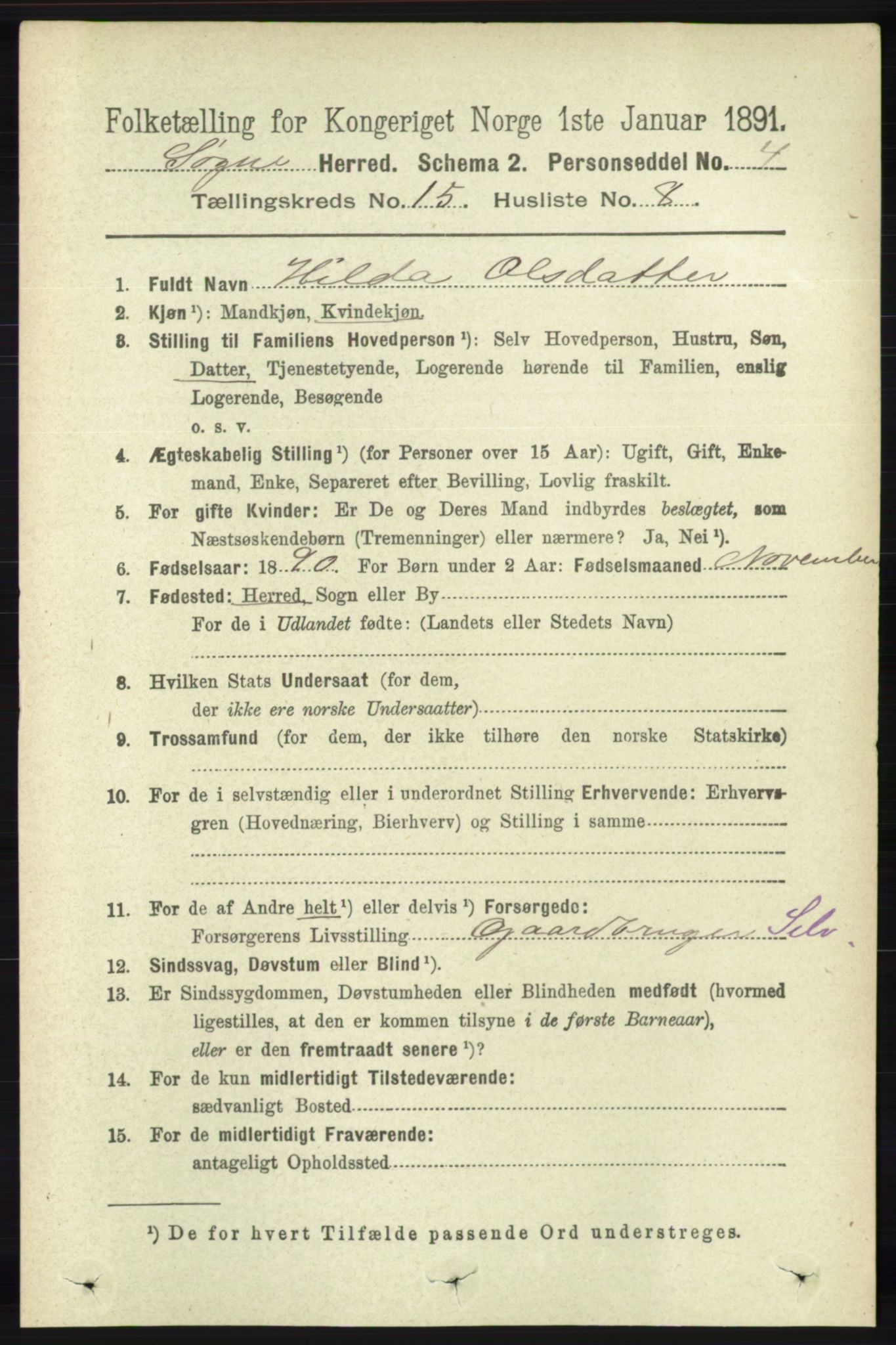 RA, 1891 census for 1018 Søgne, 1891, p. 3932