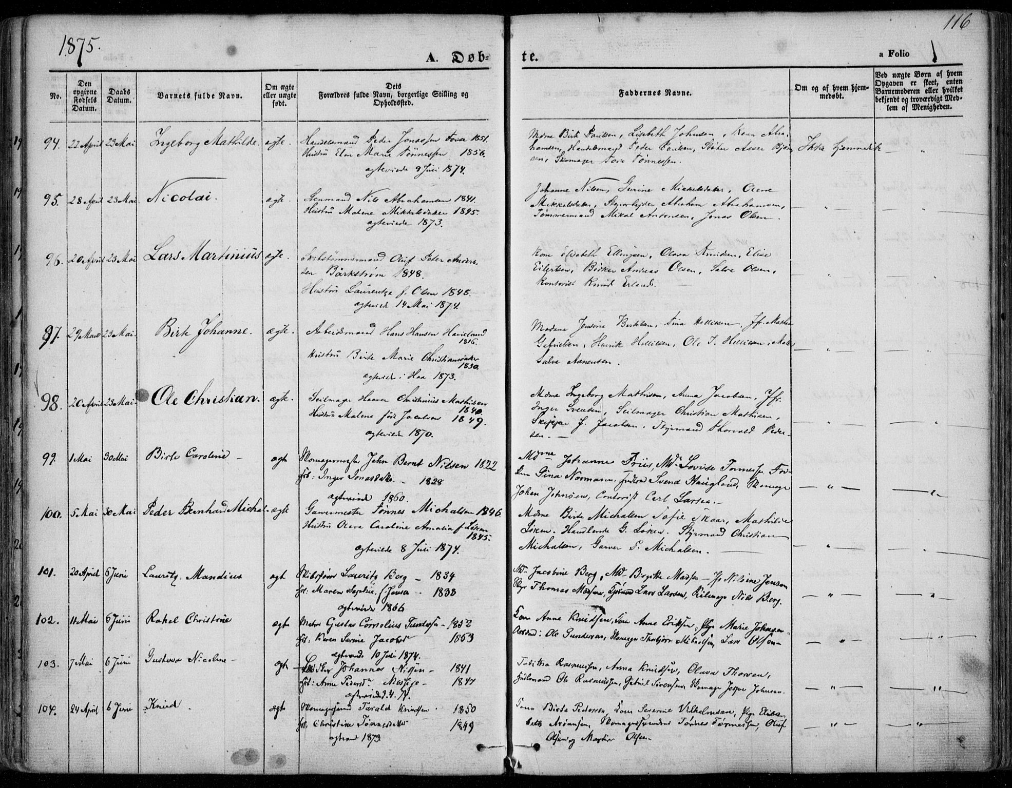 Domkirken sokneprestkontor, AV/SAST-A-101812/001/30/30BA/L0022: Parish register (official) no. A 21, 1868-1877, p. 116