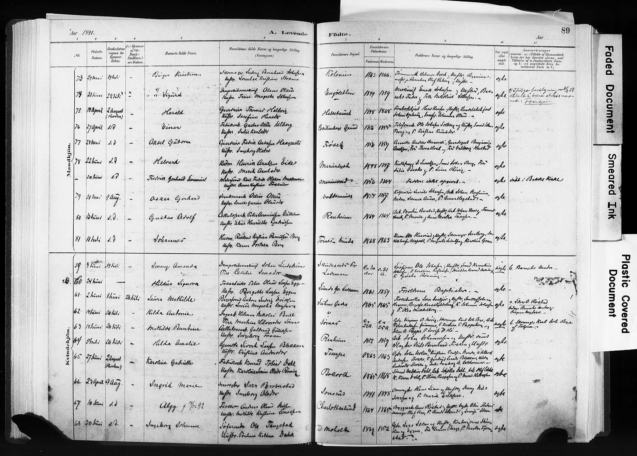 Ministerialprotokoller, klokkerbøker og fødselsregistre - Sør-Trøndelag, SAT/A-1456/606/L0300: Parish register (official) no. 606A15, 1886-1893, p. 89