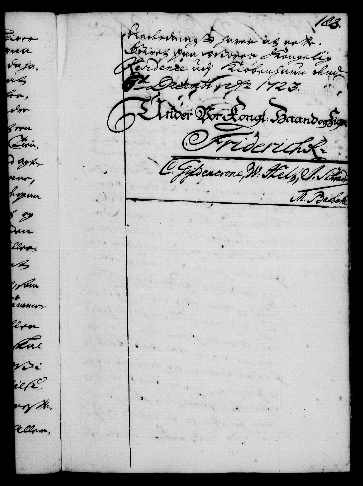 Rentekammeret, Kammerkanselliet, RA/EA-3111/G/Gg/Gge/L0001: Norsk bestallingsprotokoll med register (merket RK 53.25), 1720-1730, p. 183