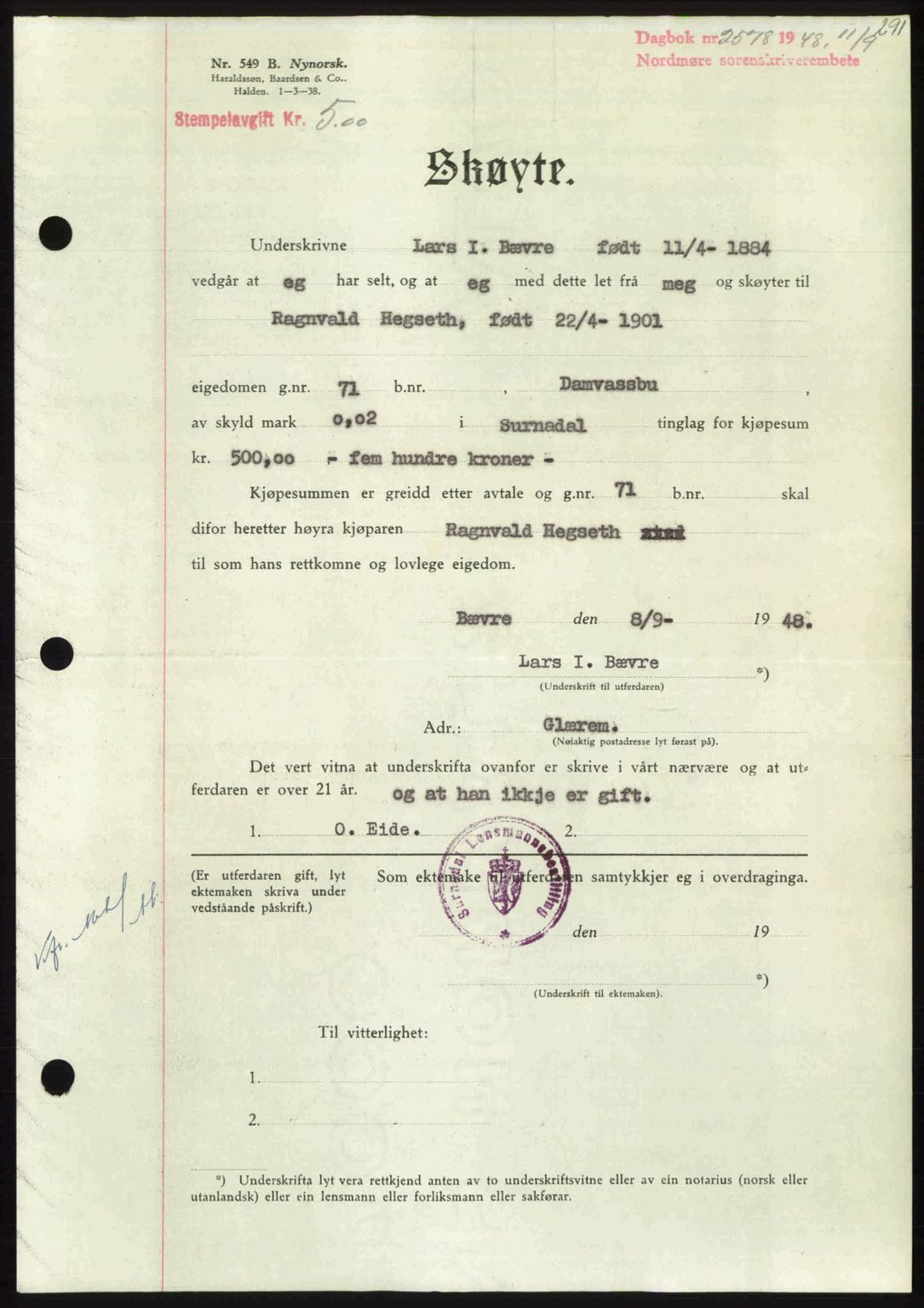 Nordmøre sorenskriveri, AV/SAT-A-4132/1/2/2Ca: Mortgage book no. A109, 1948-1948, Diary no: : 2578/1948