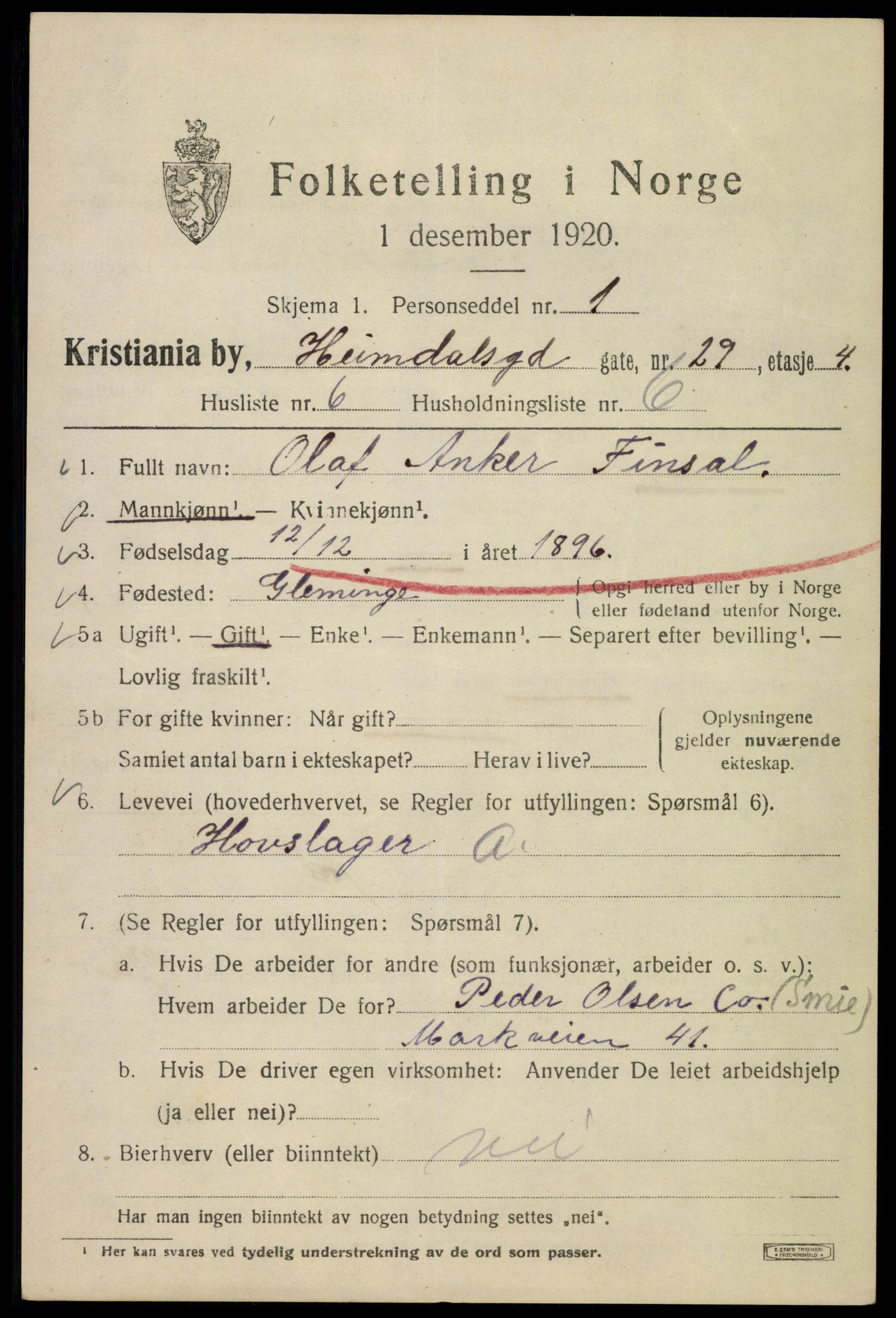 SAO, 1920 census for Kristiania, 1920, p. 280977