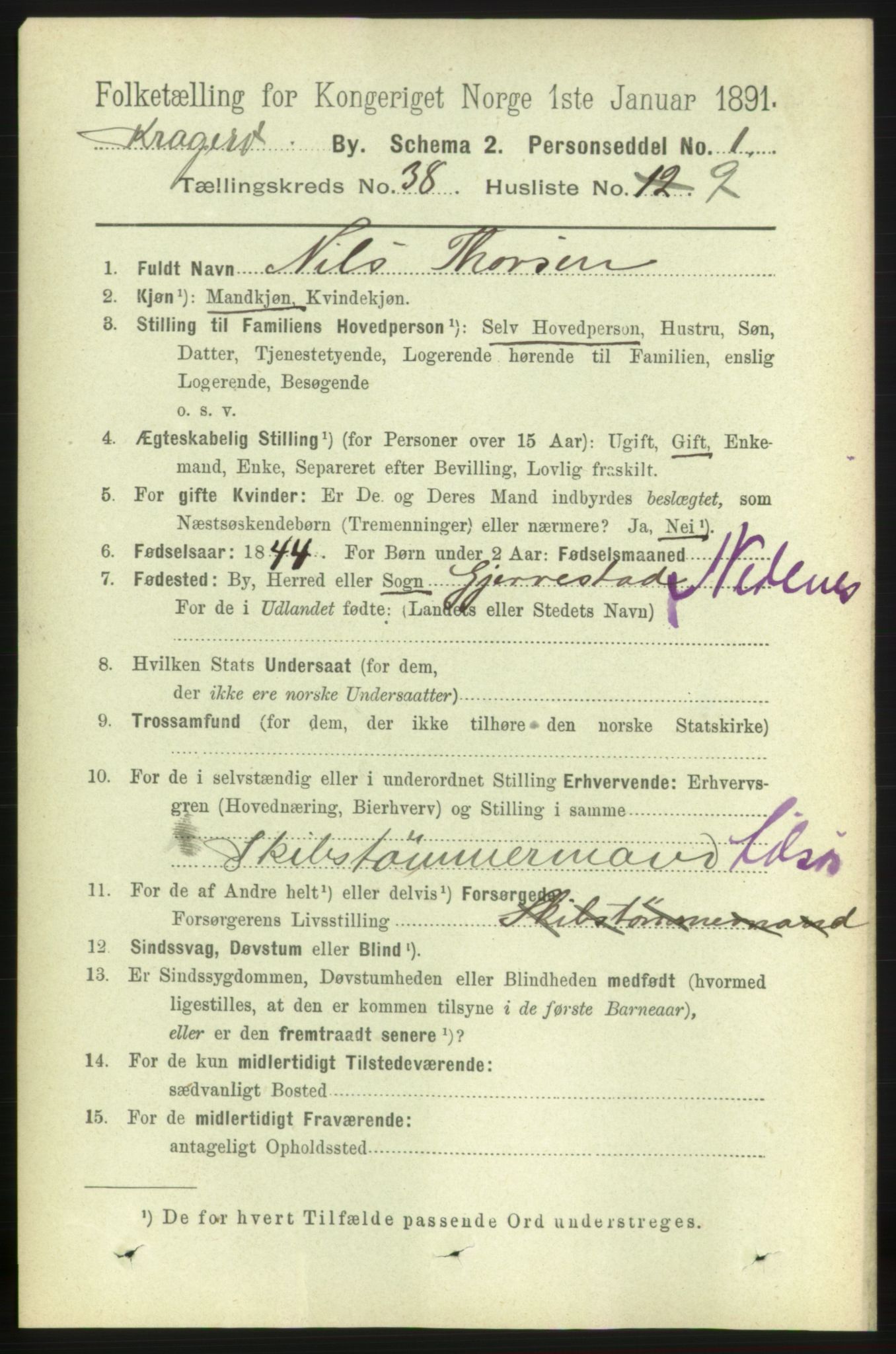 RA, 1891 census for 0801 Kragerø, 1891, p. 7193