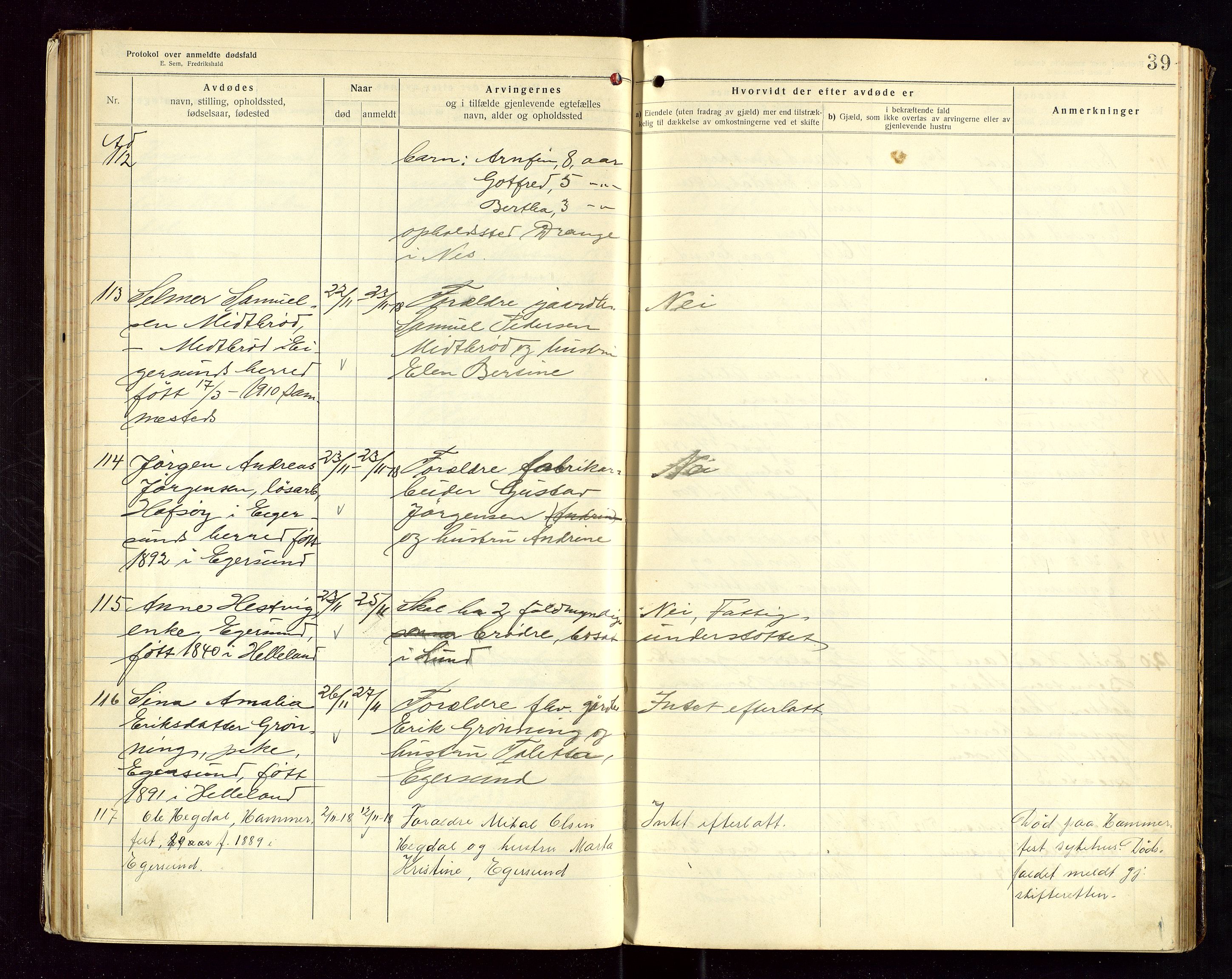 Eigersund lensmannskontor, AV/SAST-A-100171/Gga/L0007: "Protokol over anmeldte dødsfald" m/alfabetisk navneregister, 1917-1920, p. 39