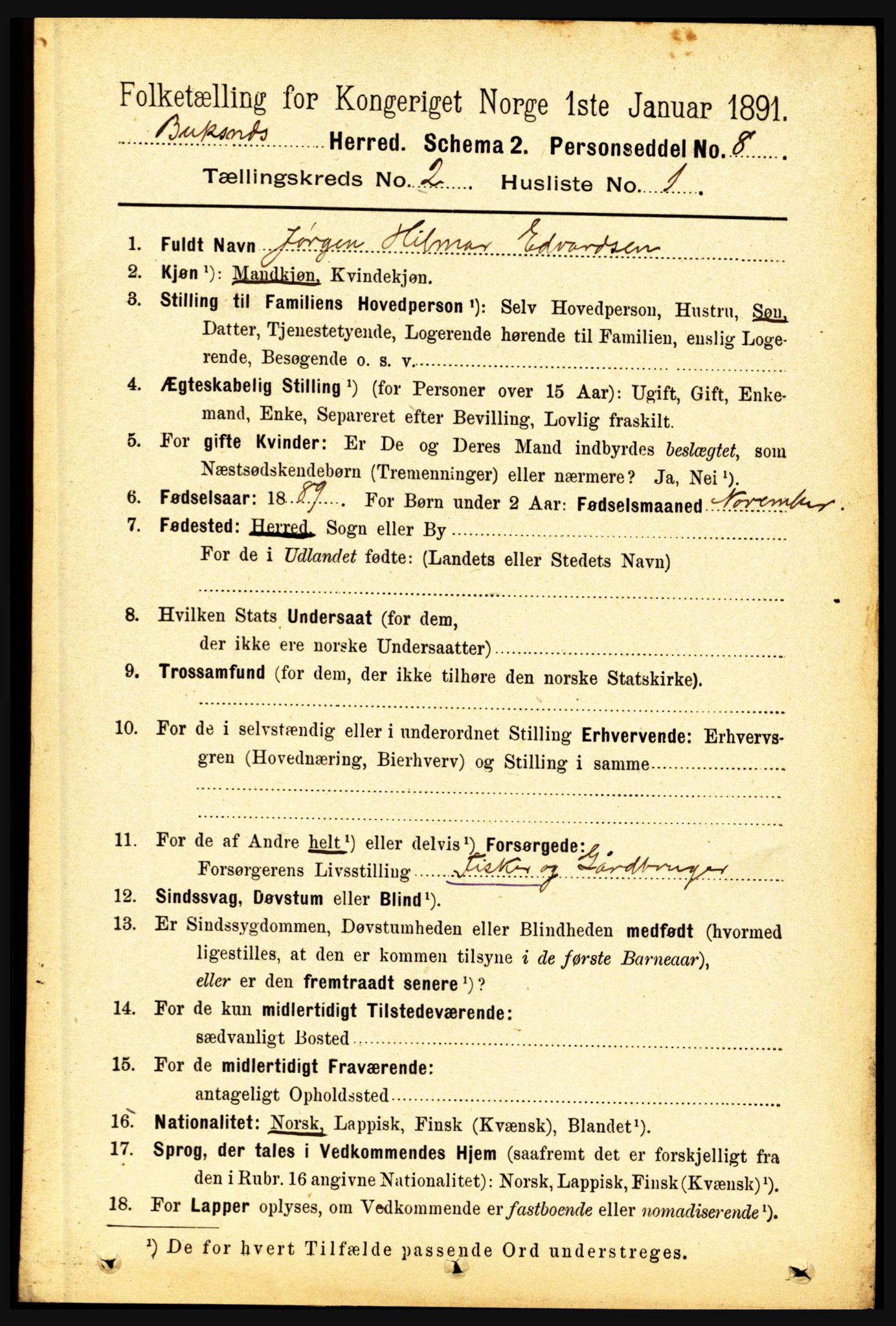 RA, 1891 census for 1860 Buksnes, 1891, p. 1601