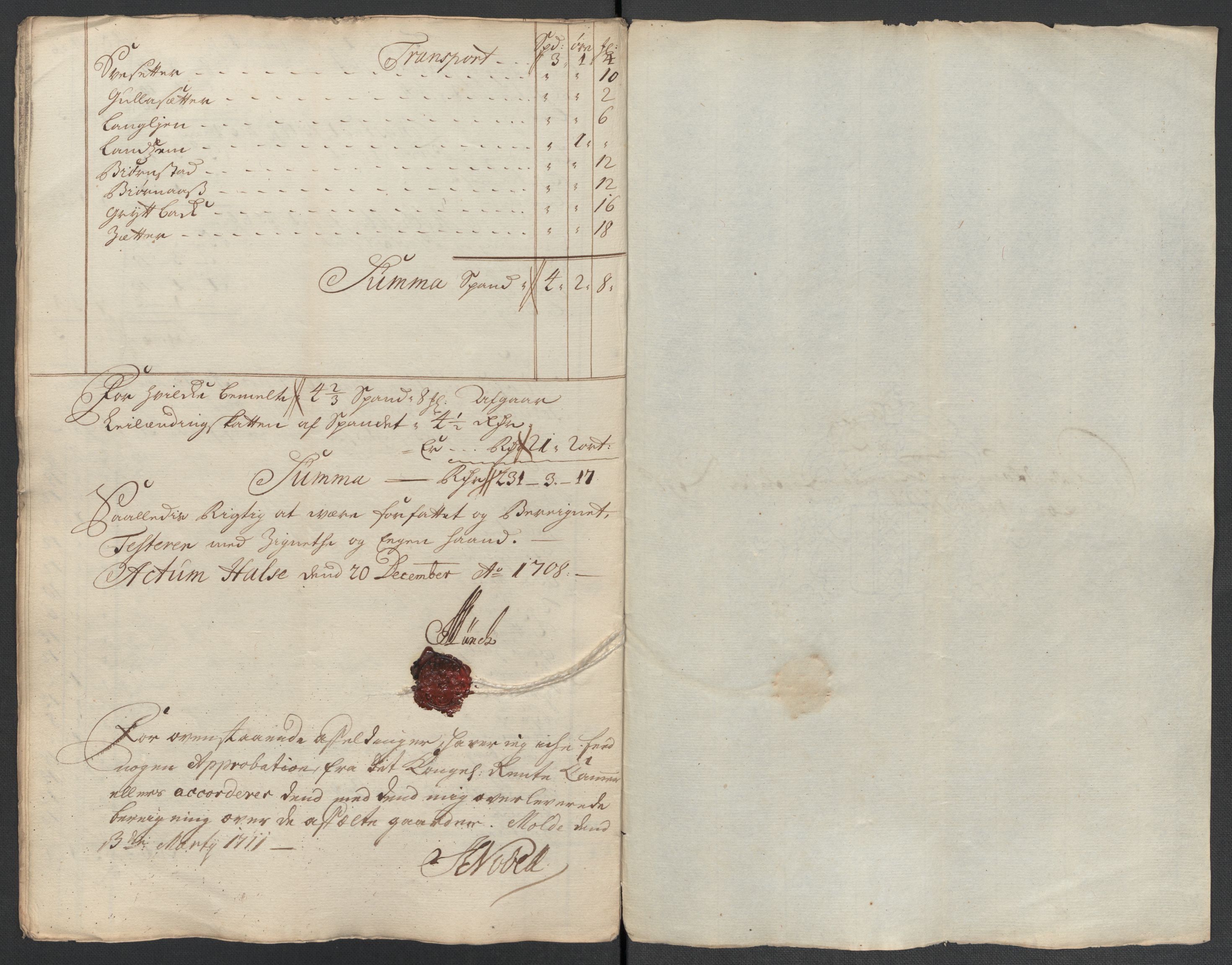 Rentekammeret inntil 1814, Reviderte regnskaper, Fogderegnskap, AV/RA-EA-4092/R56/L3743: Fogderegnskap Nordmøre, 1708, p. 157